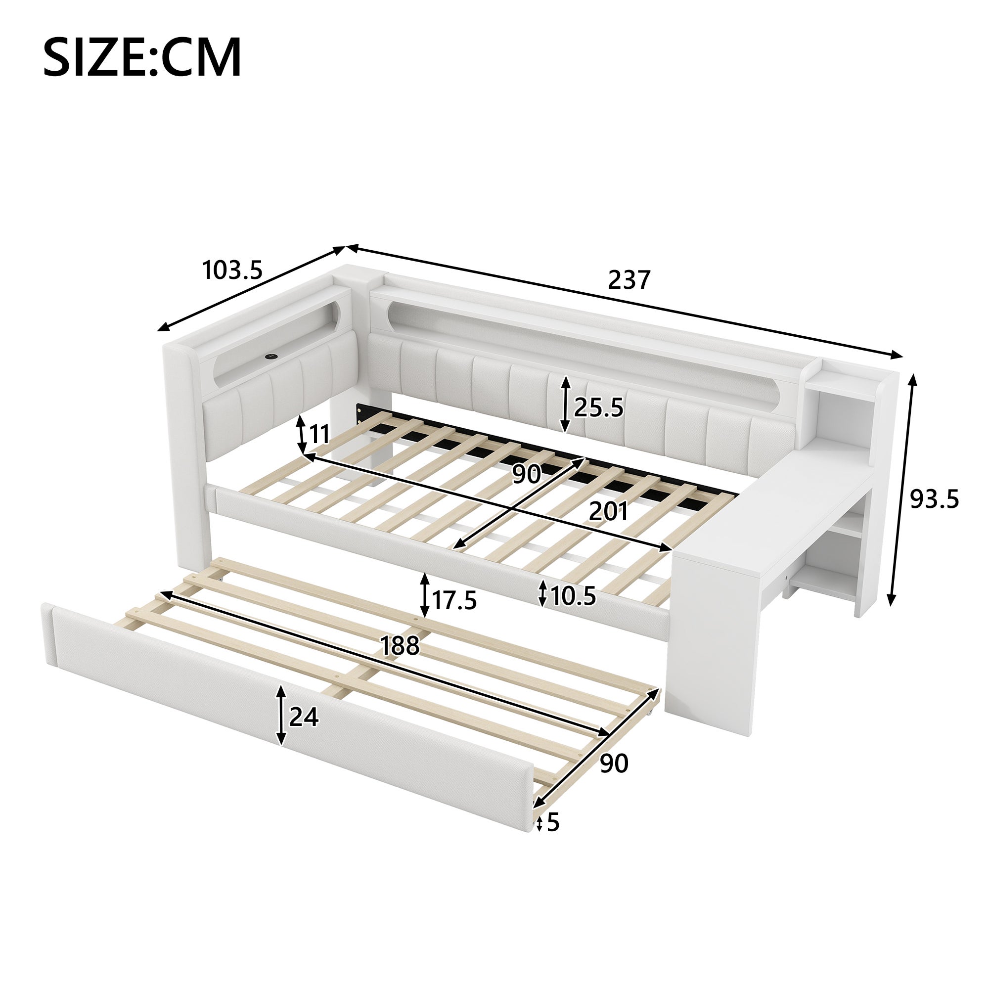 Łóżko wysuwane 90 x 200 cm z biurkiem, 2 szufladami i przegródkami - MDF + sklejka + tkanina lniana - port USB i diody LED - białe (bez materaca) - 6