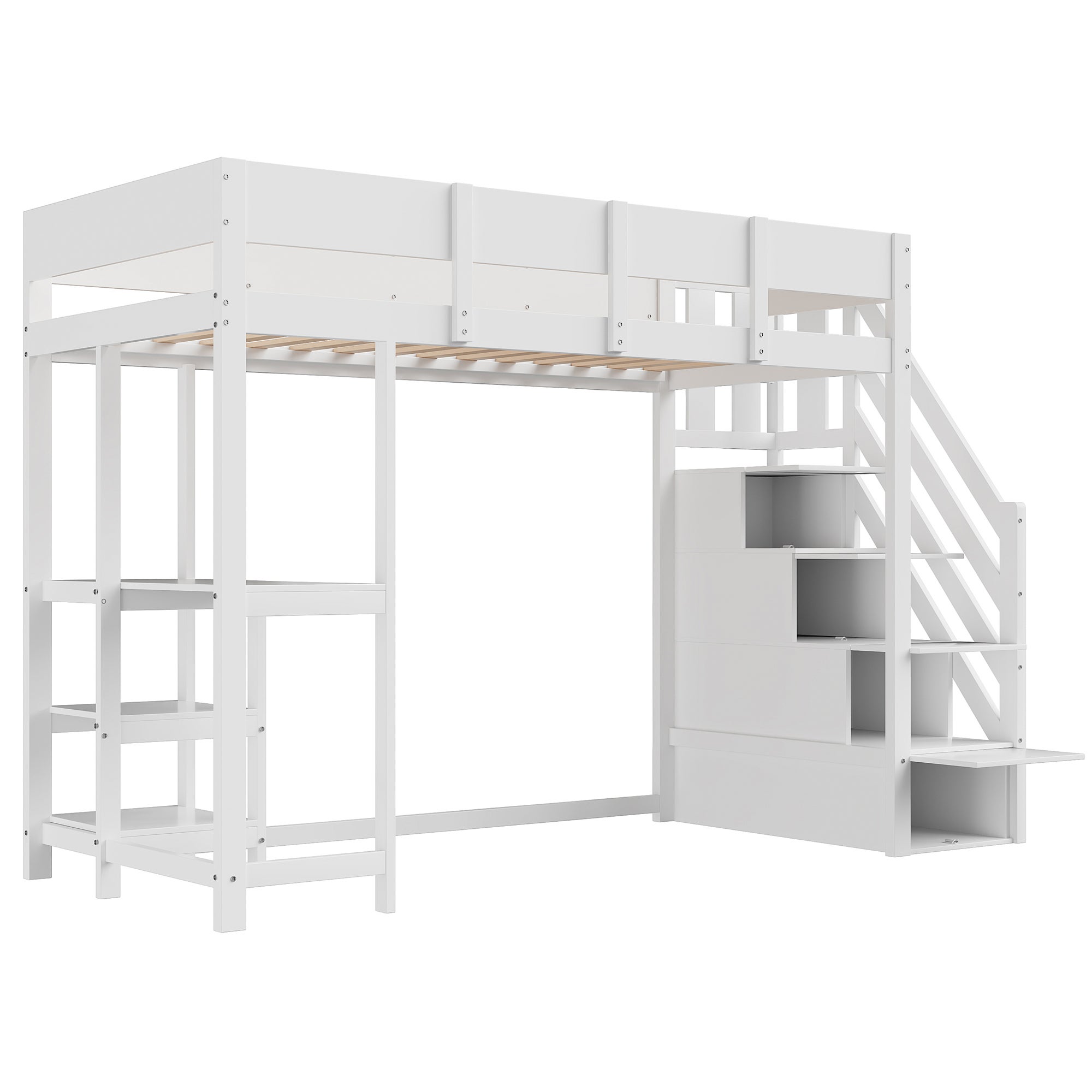 Lit Mezzanine 90x200 cm avec Bureau et étagères, Lit superposé avec Escalier de Rangement, lit Enfants avec sommier à lattes, blanc - 5