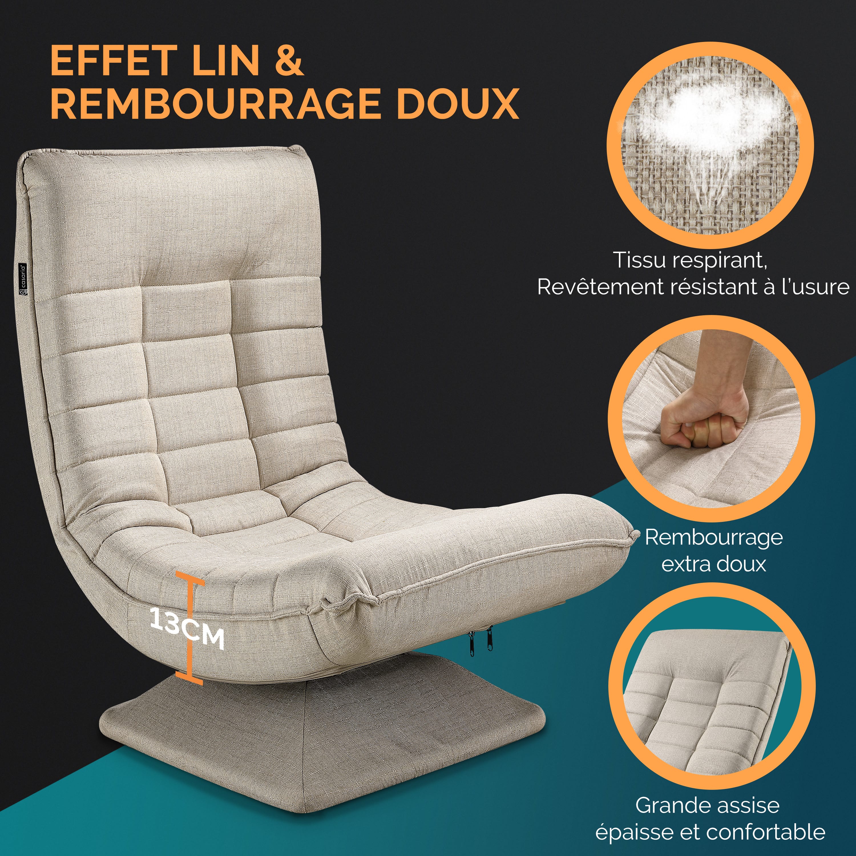CASARIA® Fauteuil tout confort pivotant à 360° Crème capacité de charge de 150kg siège de gaming 58x57x84/87cm relaxation - 4