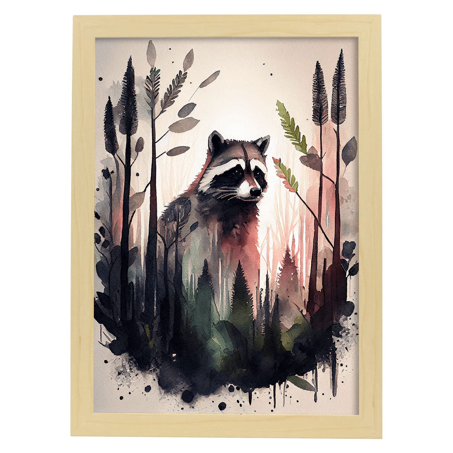 Nacnic poster de mapache en estilo acuarela ilustraciones a todo color de animales salvajes en la naturaleza y a3 con marco de madera clara