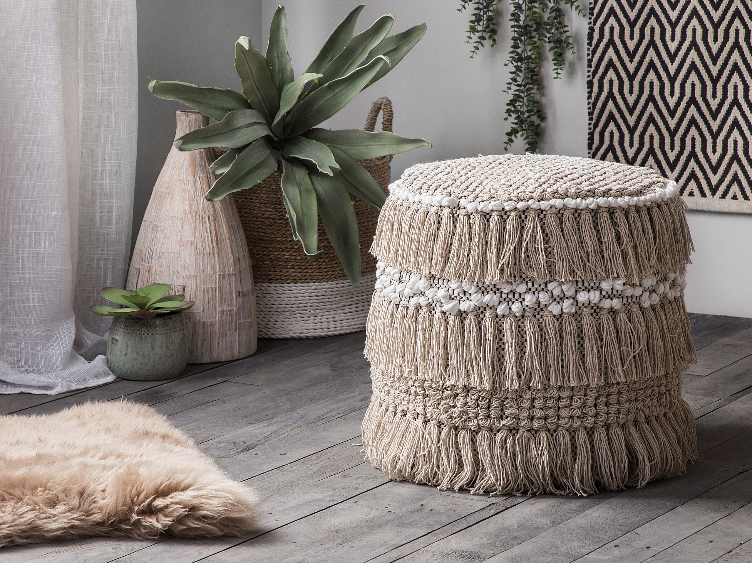 Pouf 44 x 43 cm en Tissu Coton Beige Rembourré en Billes de Polystyrène ...