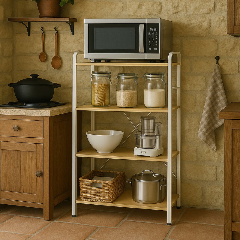 Półka kuchenna z 4 półkami – biały metal i MDF w naturalnym kolorze drewna – 60x40x120 cm – wszechstronna półka do przechowywania, nowoczesny styl