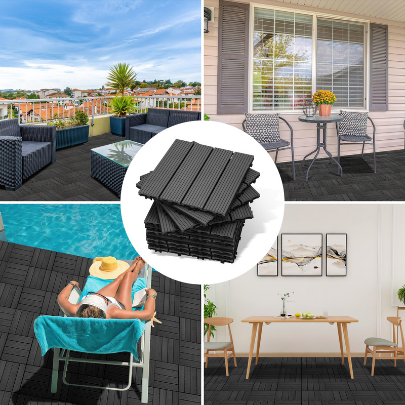 Juego de 11 losas de terraza de madera compuesta antracita con clip de WPC para jardín, piscina y balcón - 9