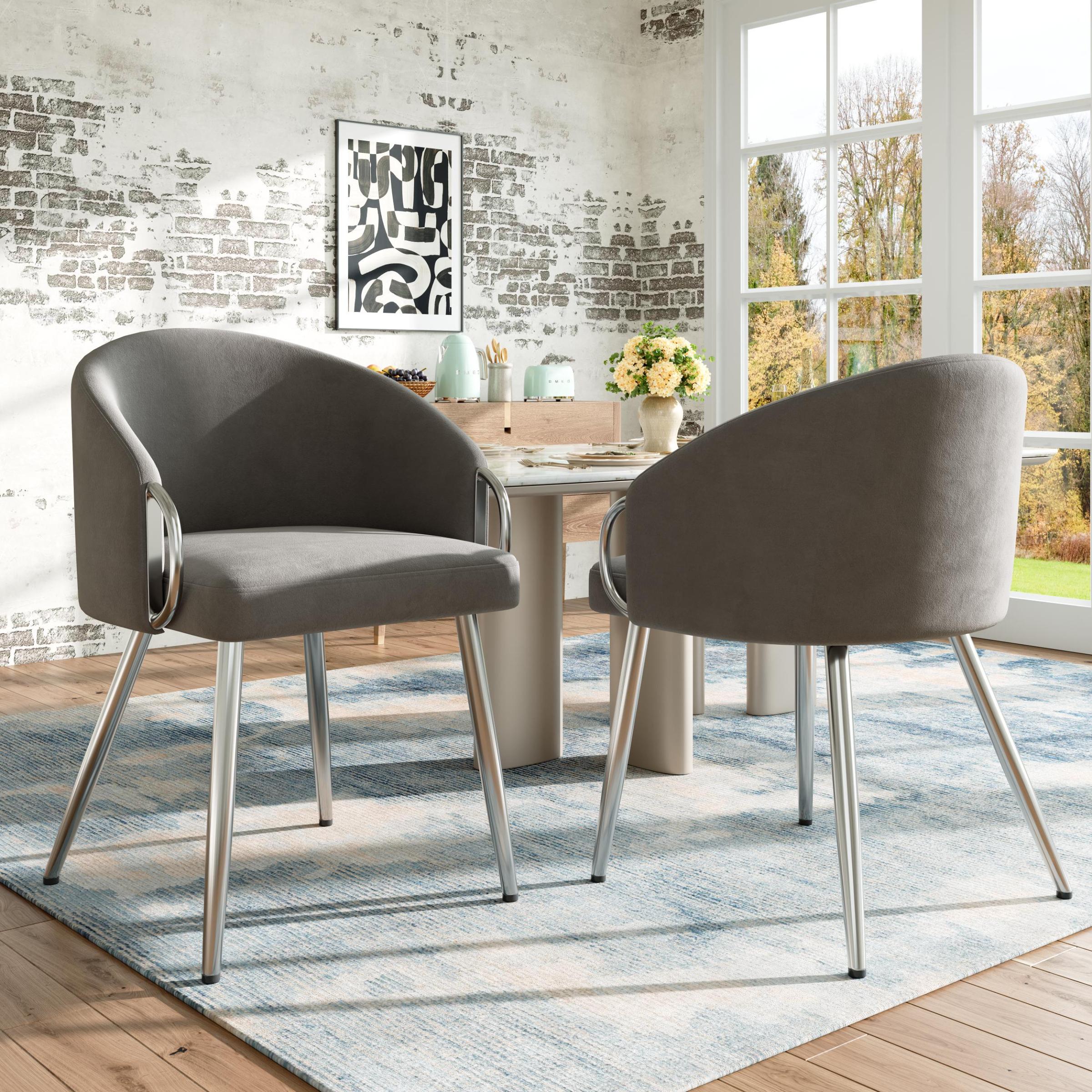 Zestaw 2 wysokiej jakości krzeseł jadalnianych z aksamitu, elegancki design, nogi z ocynkowanego srebra, ergonomiczne i regulowane, kolor szary