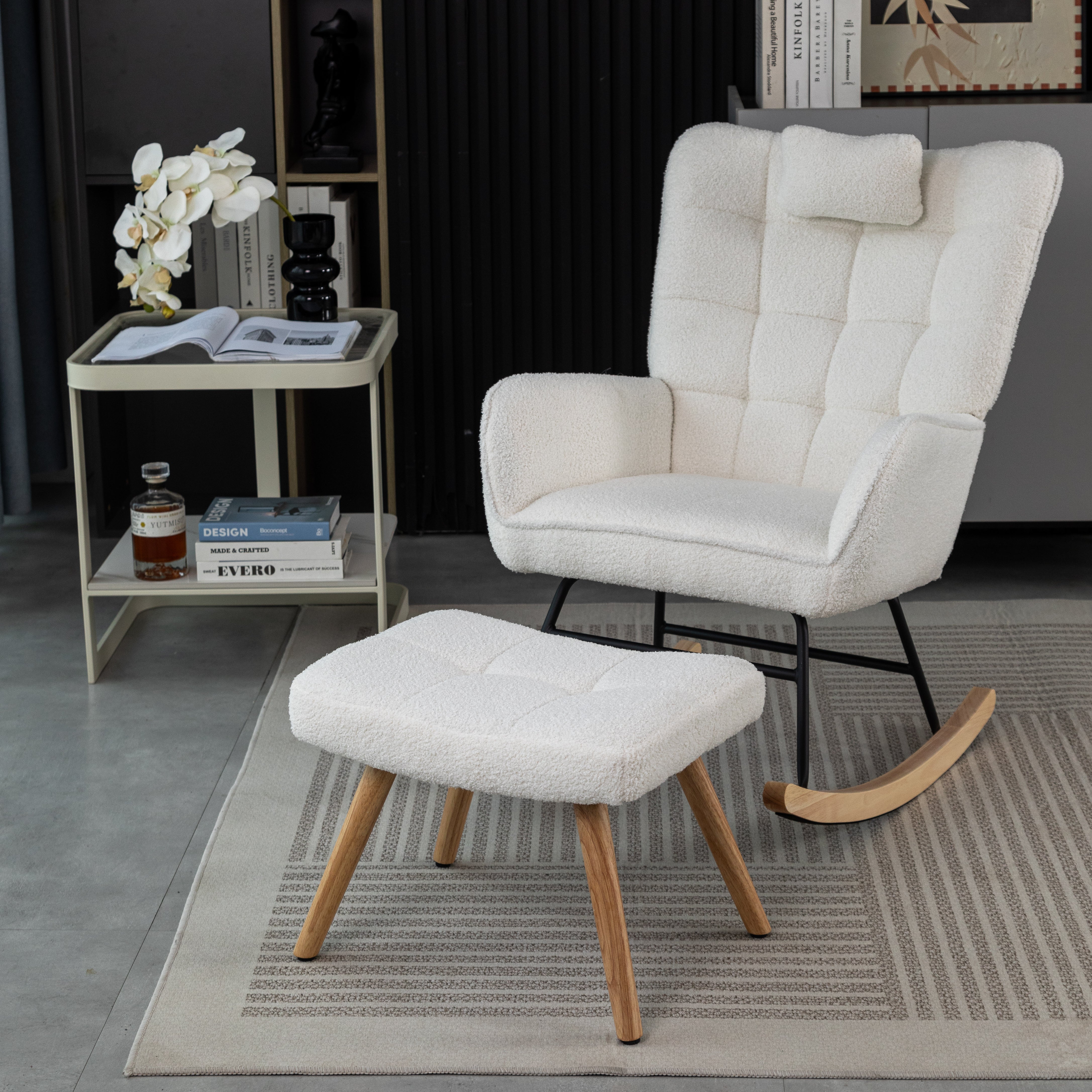 Fauteuil à bascule Rocking chair en tissu bouclette - avec oreiller et repose-pieds - Blanc - 3