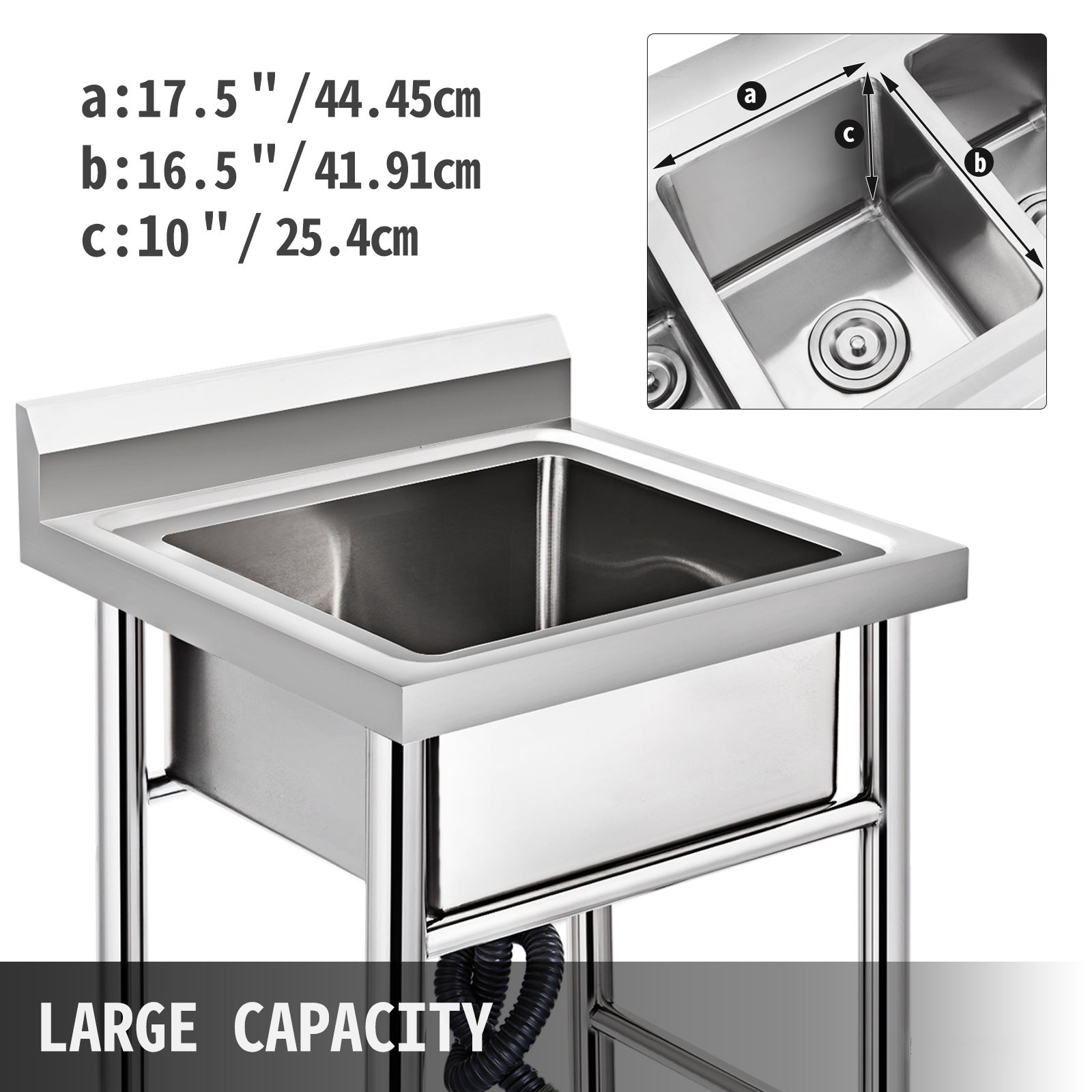 Évier Inox de Cuisine,SucceBuy acier inoxydable non magnétique,1 compartiment,grande capacité 17,5x10x16,5 pouces,idéal ferme,café,magasin - 5