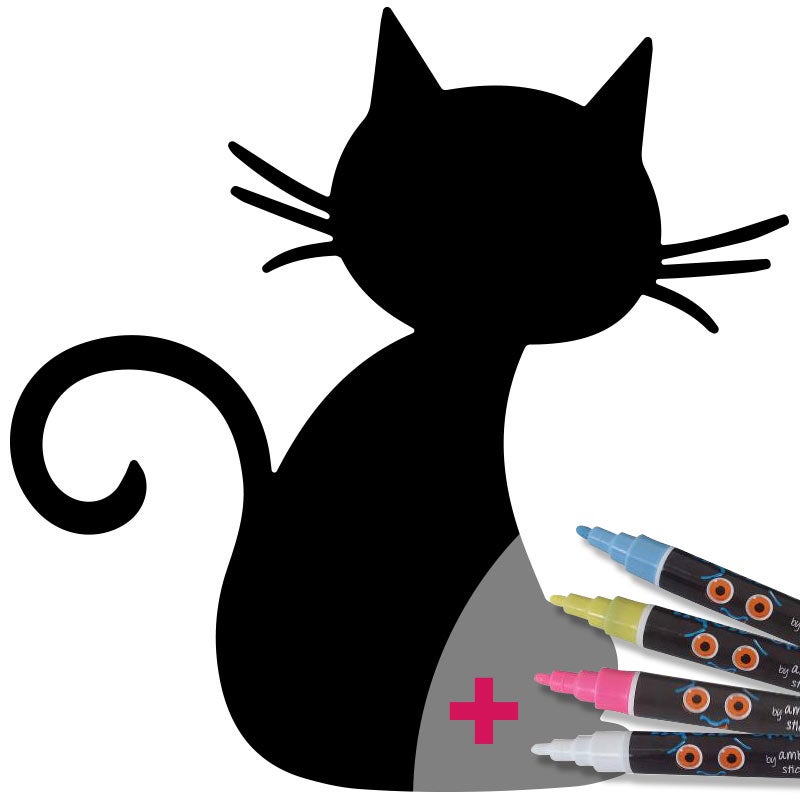 Adesivo lavagna gatto nero + 4 gessi liquidi - Sticker adesivo - adesivi murali - 75x75cm - 4