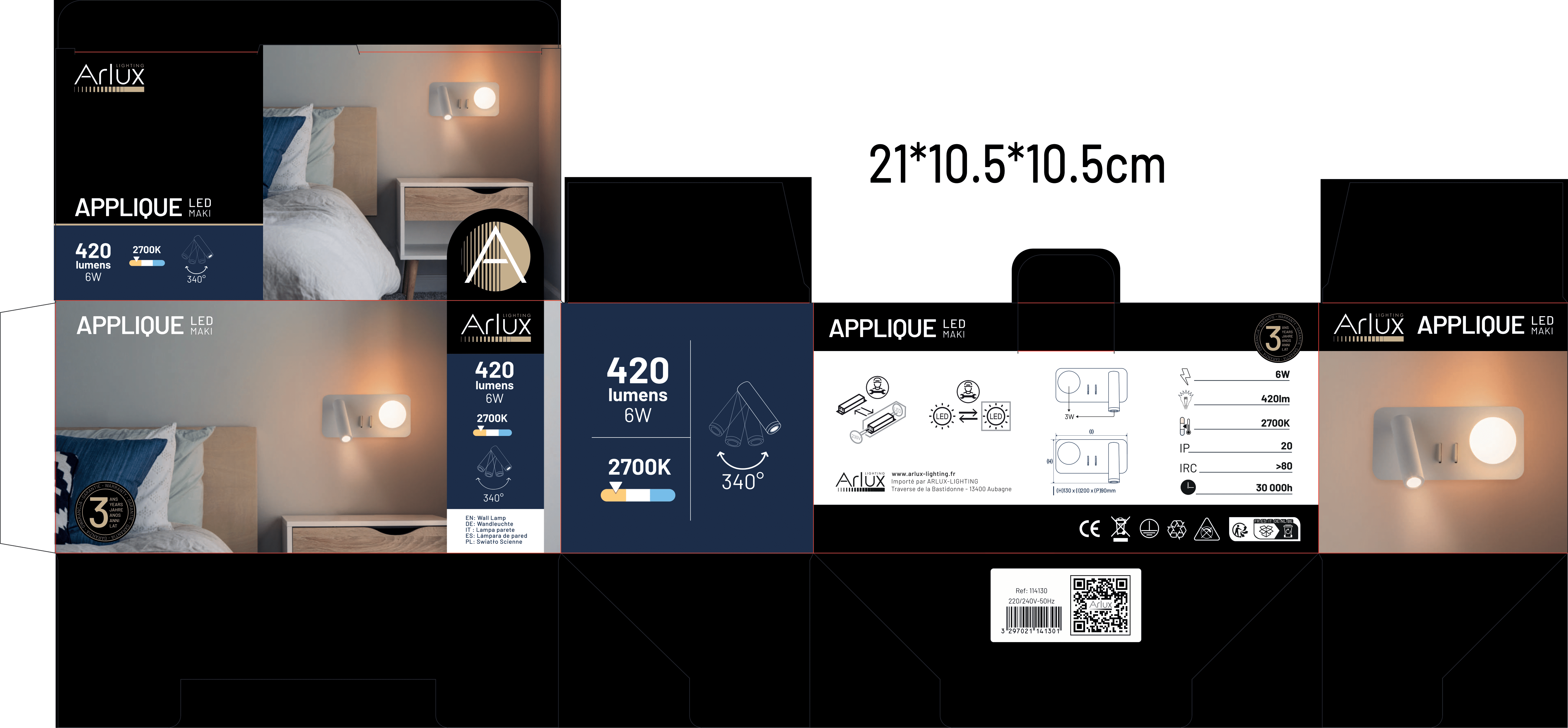 Applique-Liseuse Intérieur 3W+3W 210lm+210lm Droite Blanc Chaud - 6