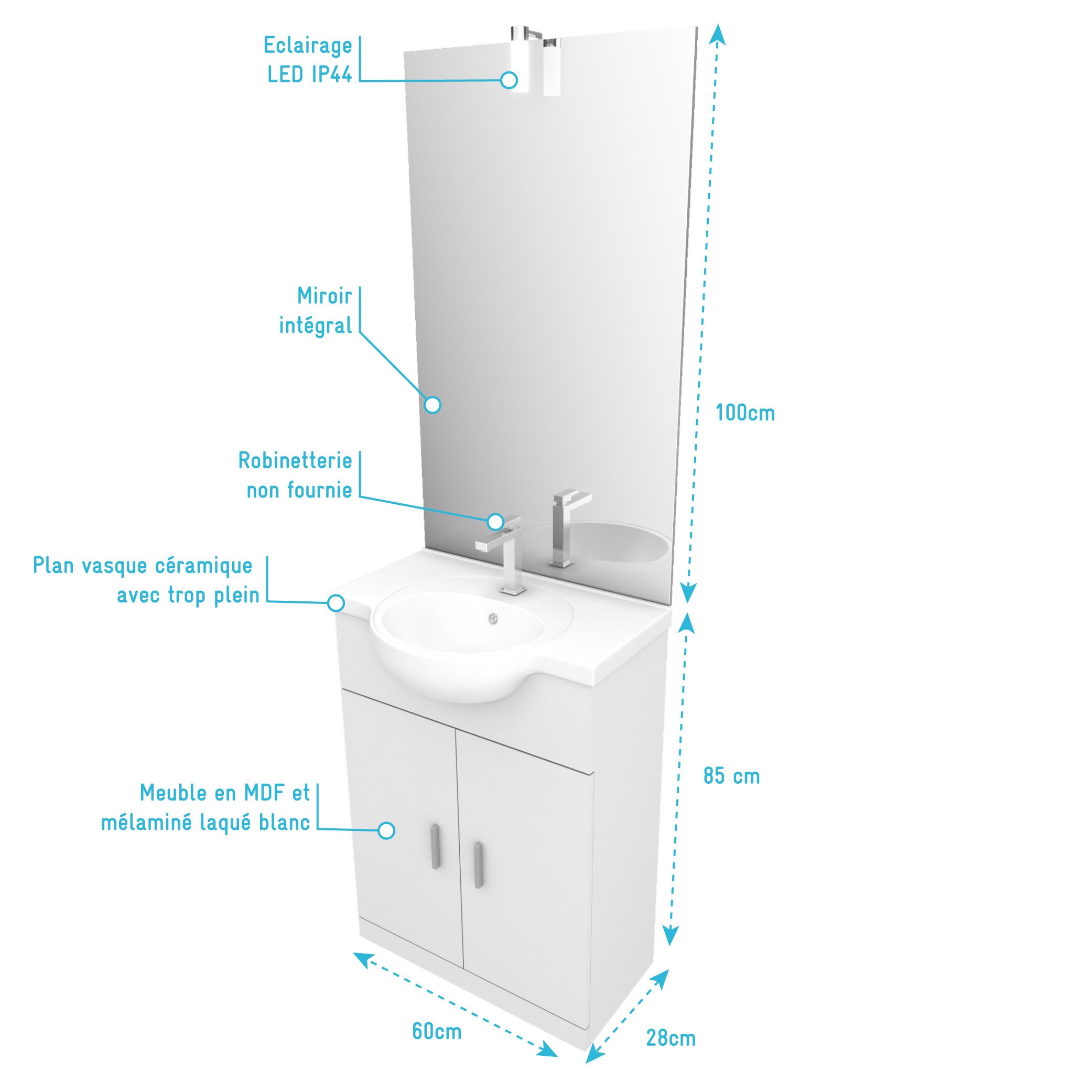 Meuble salle de bain blanc 60 cm sur pied + vasque ceramique blanche + miroir applique led - 4