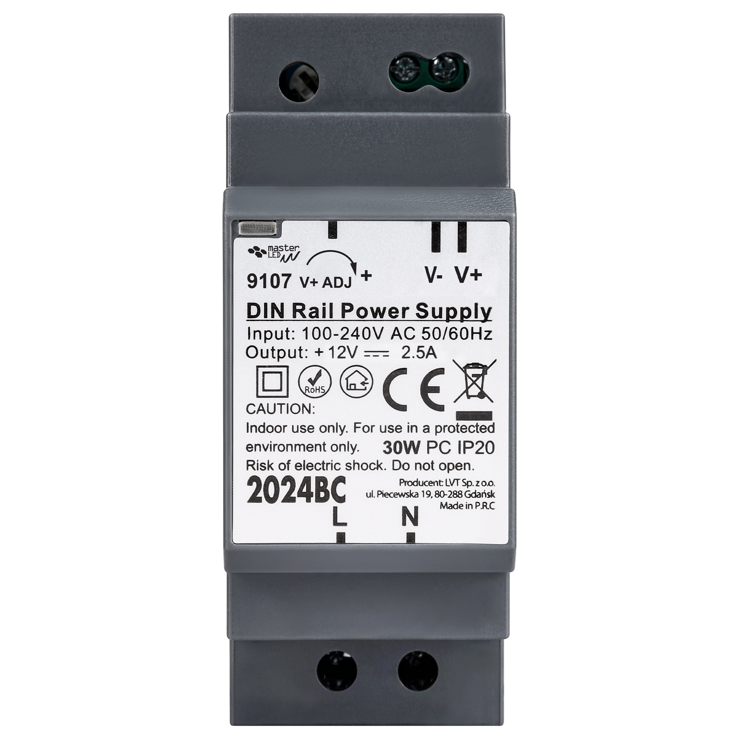 Zasilacz na szynę DIN 12V 30W 2.5A IP20 34.5x58.5x92.5mm klasa II MasterLED