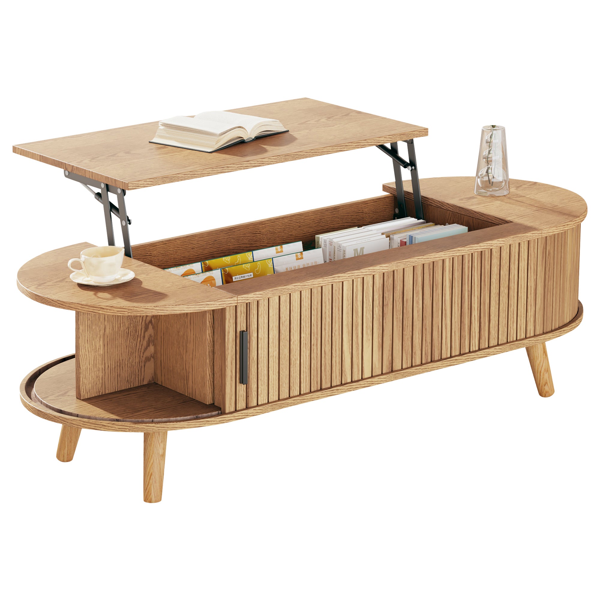 Stolik kawowy z podnoszonym blatem i 4 otwartymi półkami - 120 x 50 x 39,5 cm - MDF - do salonu - Naturalny - 4