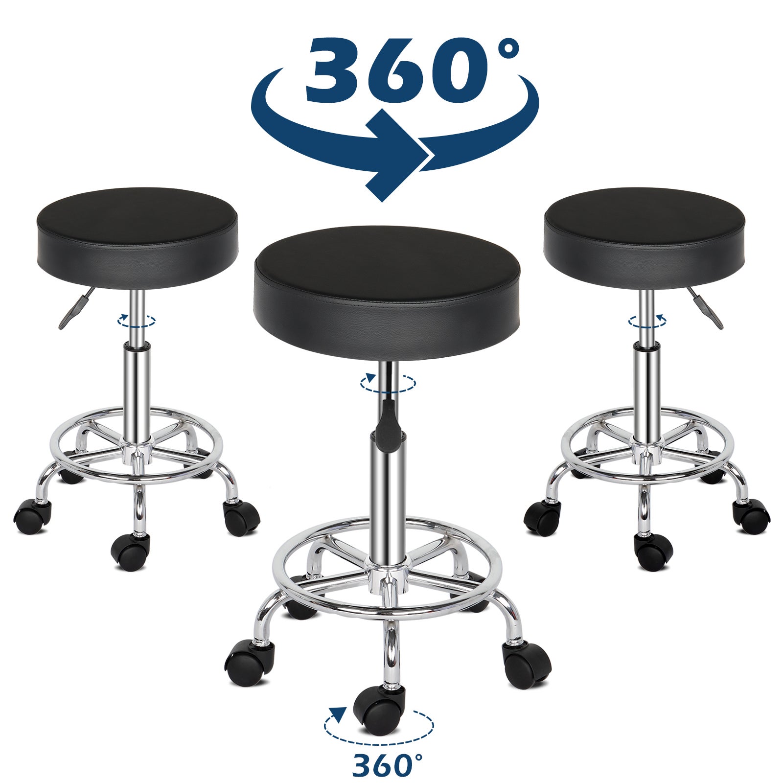 Siège Rond Noir en Simili Cuir Semi-PU avec Vérin à Gaz Certifié SGS, Coussin Épais de 8cm en Mousse Moulée, Roulettes en Nylon, Capacité de 150kg - 4