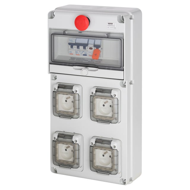 Coffret monophasé arrêt urgence bornier alim 16A 4 prises 16A diff 30mA IP65 - GEWISS - FR60225N