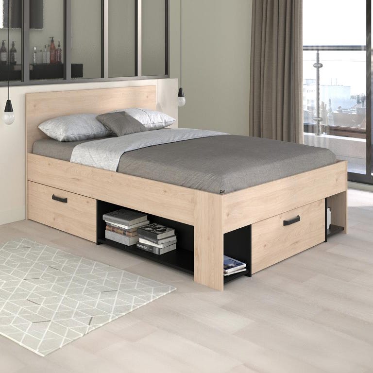 Lit 140 X 190 200 Cm Avec Rangements Coloris Naturel Et Noir Lit 140 X 190 200 Cm Avec Rangements Coloris Naturel Et Noir
