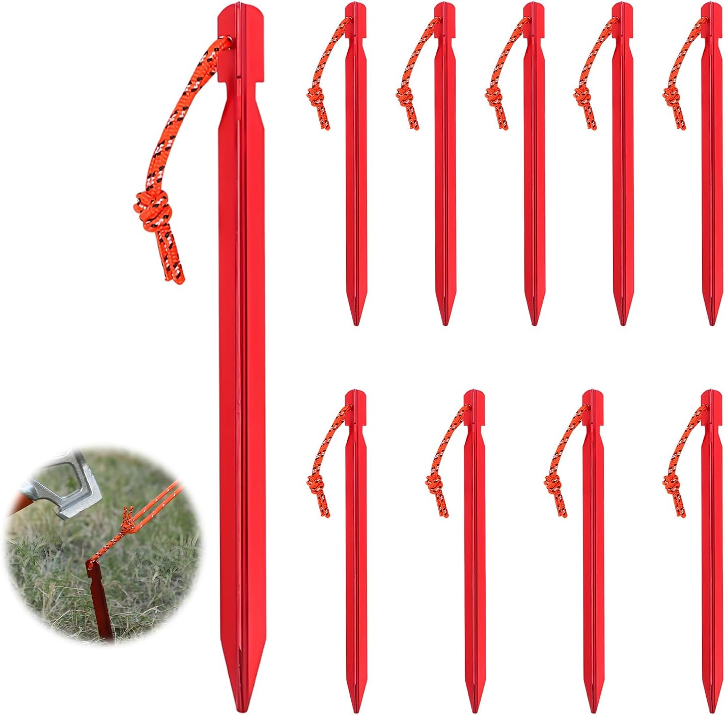 10 aluminiowych śledzi kempingowych 18 cm z liną – wytrzymałe kotwy do mocowania namiotu, czerwone, idealne do namiotów, plandek i biwaków