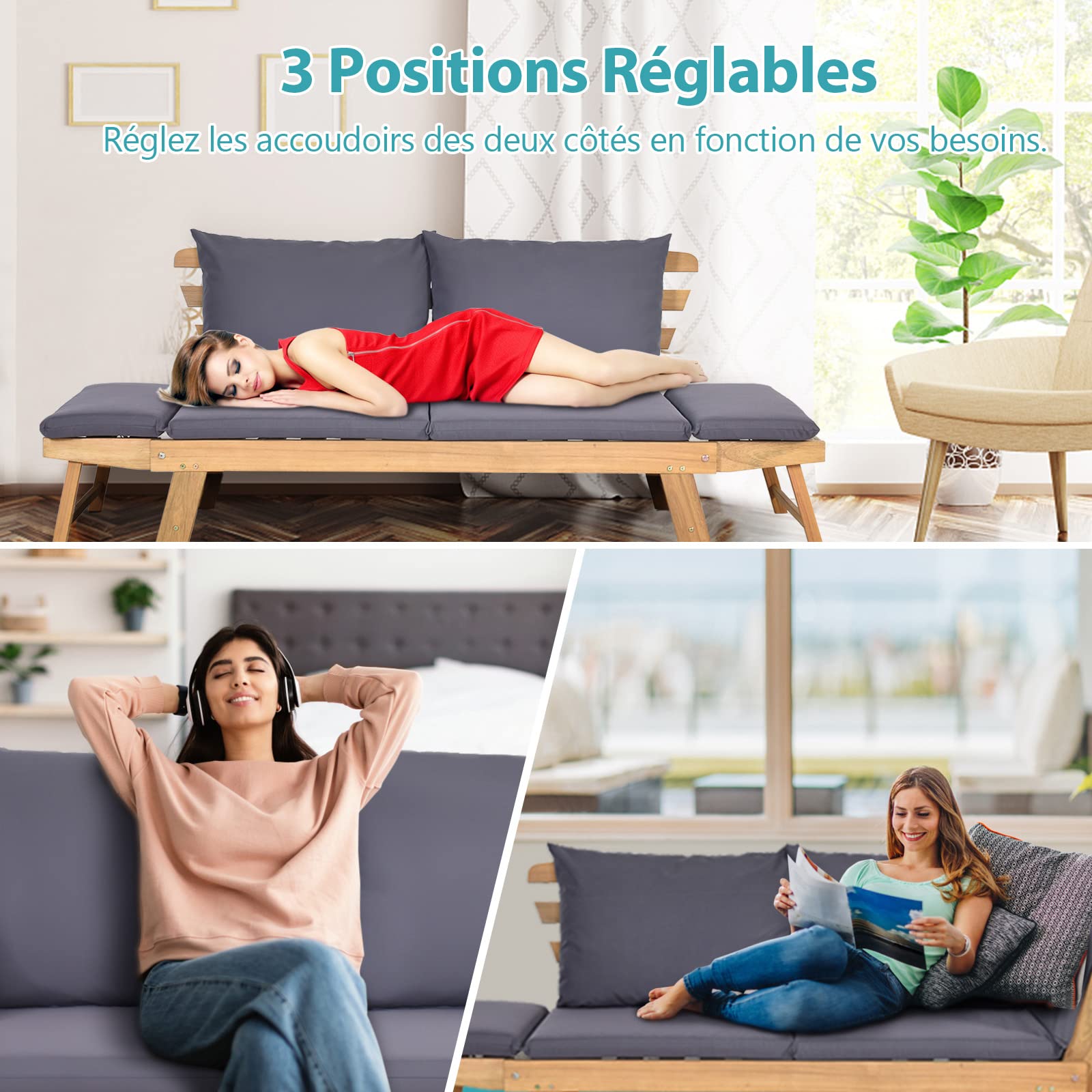 Canapé de Jardin Convertible 2 Places en Bois d’Acacia Certifié FSC avec Coussin Amovible, Accoudoir Extensible, Charge 320KG,Gris - 4