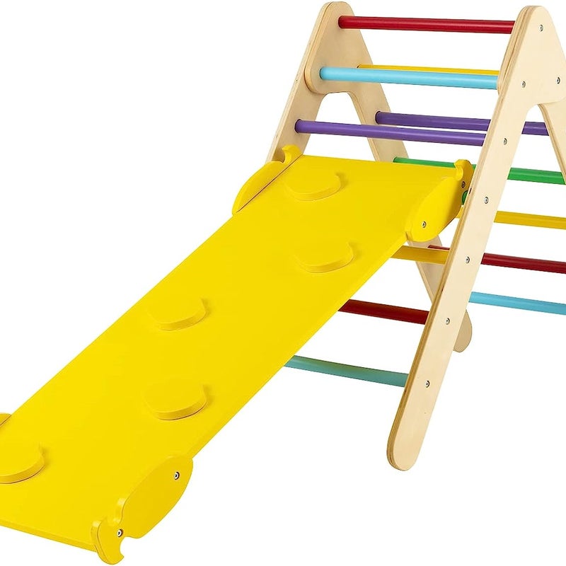 Trójkąt wspinaczkowy ze zjeżdżalnią, rusztowanie do wspinaczki do użytku wewnątrz od 1 roku, trójkąt szczebli, do wspinaczki i zjeżdżania (żółta)