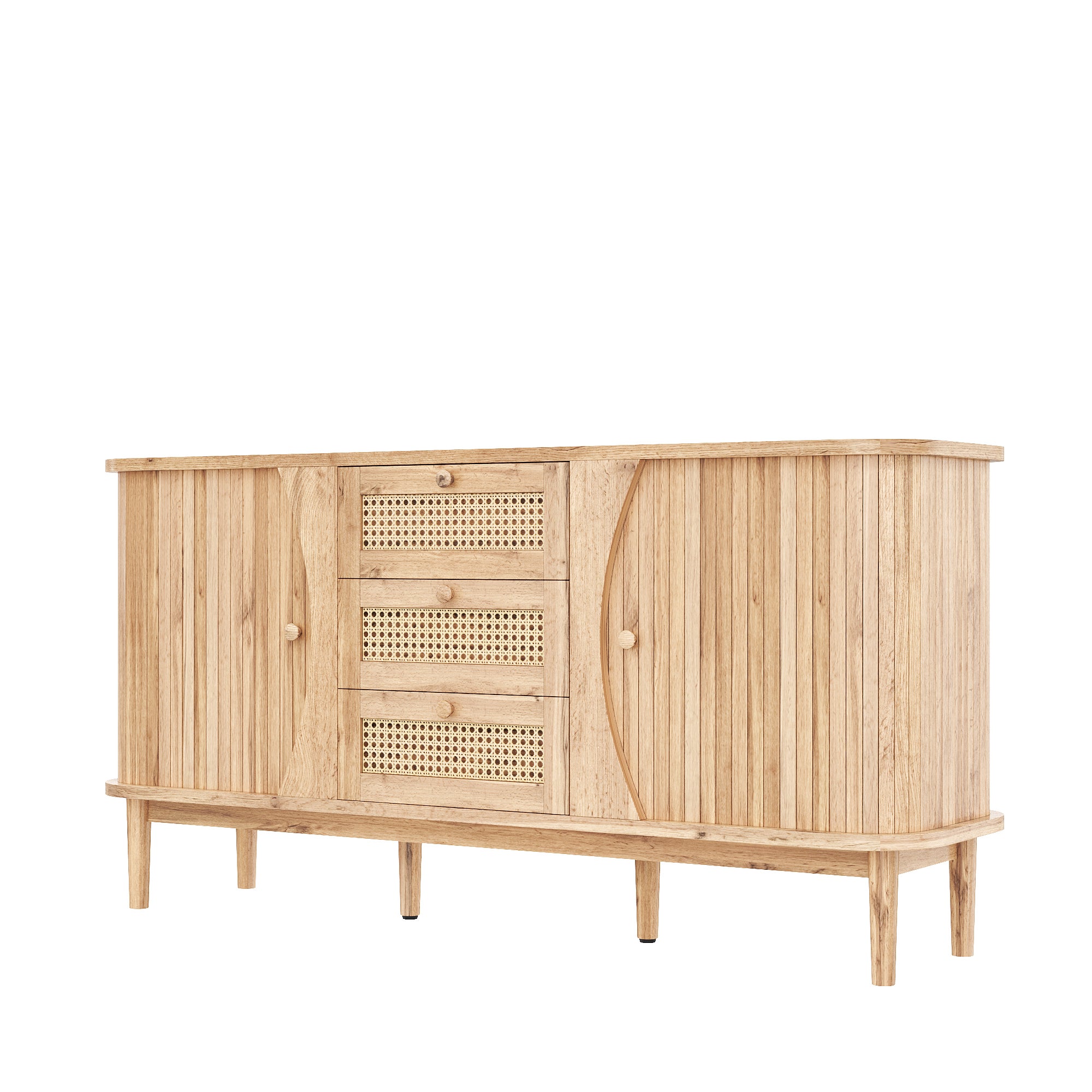 Buffet 140,5x40x76cm - 3 tiroirs en rotin - 2 portes coulissantes - étagères réglables - naturel - 9