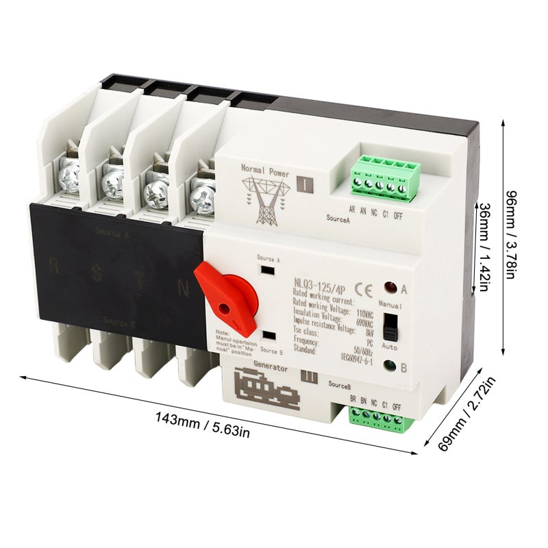Jadeshay Commutateur De Transfert 2P 63A - Inverseur De Source Manuel 240V AC Rail DIN