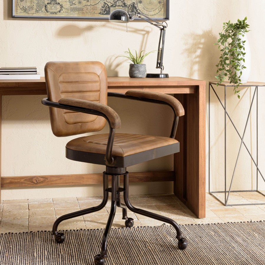 Marcel - sillón con ruedas, asiento de cuero acolchado, reposabrazos de madera de mango