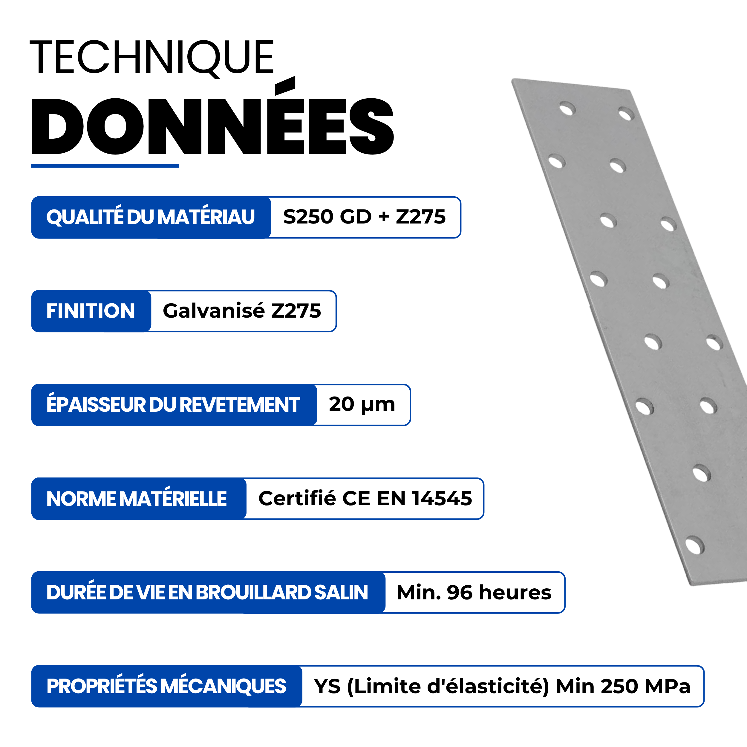 Plaques d'assemblage plates Galvanisé Lot de 4 80 x 300 mm fixation métal patte de perforée connecteurs plats GeZu Impex - 4
