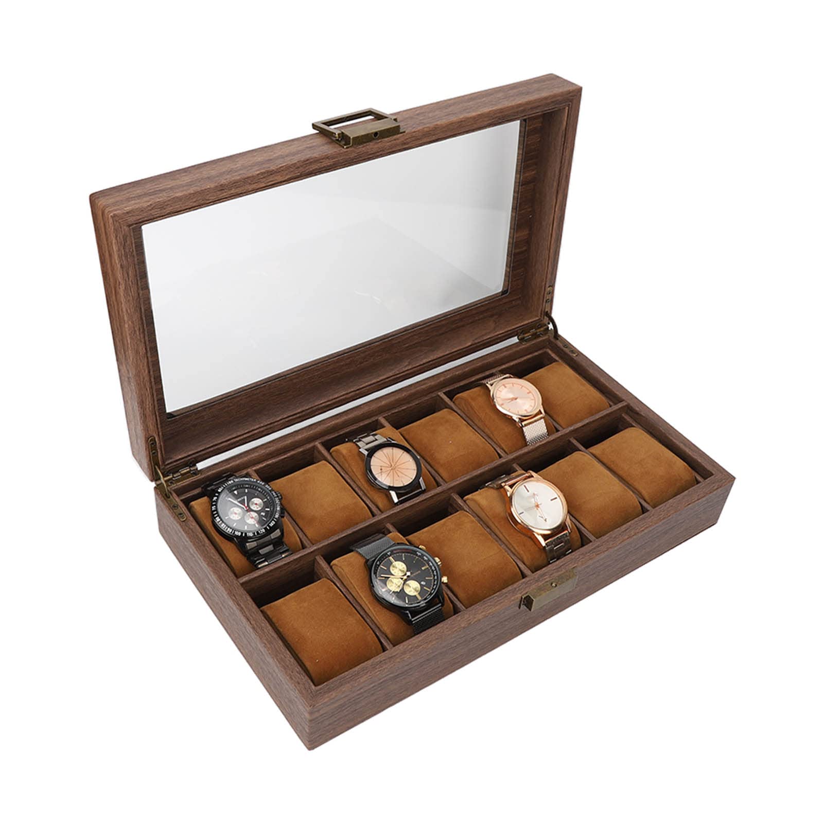 Boîte de rangement pour montres 12 compartiments en grain de bois, étui de rangement de luxe, intérieur en cuir PU ultra lisse - 5