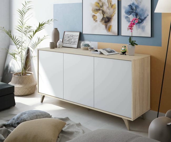 Credenza Thornton Dmora - Armadio Salotto 144x42x87 Cm, In Rovere E Bianco, 3 Ante, Mobile Moderno - Foto 10