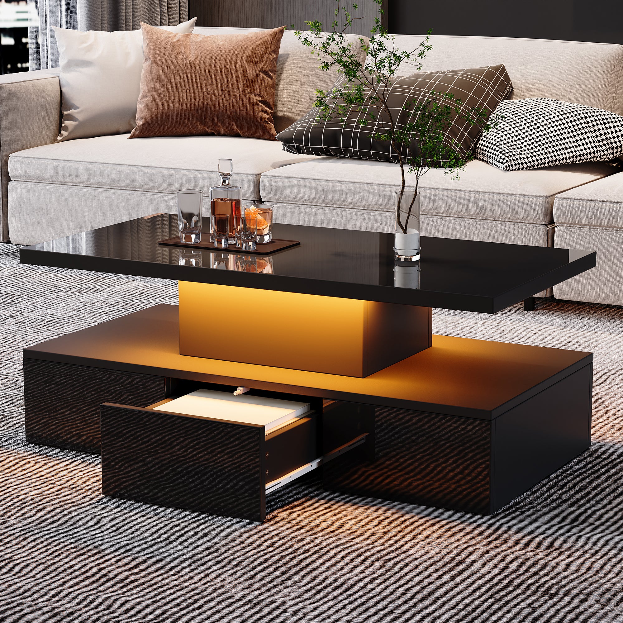 Stolik kawowy 100x50x39cm - z oświetleniem LED - z otwartą półką - z 1 wysuwaną szufladą - czarny