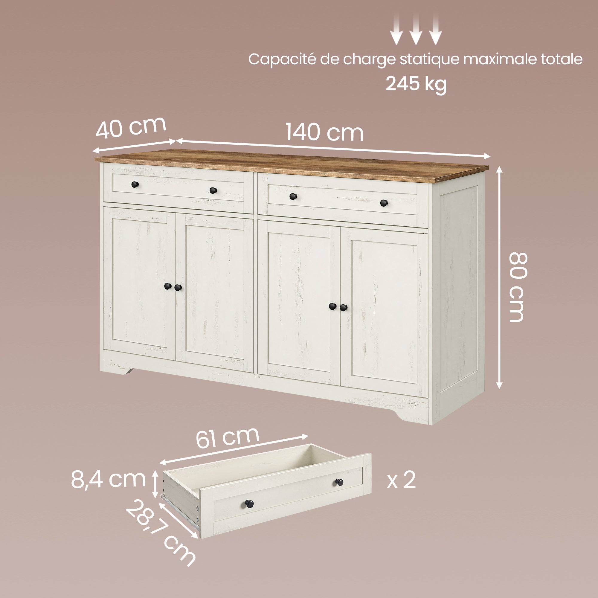 Buffet de Cuisine avec Étagères Réglables, 2 Tiroirs, 4 Portes, pour Salle à Manger, Style Maison de Campagne, Blanc - 5