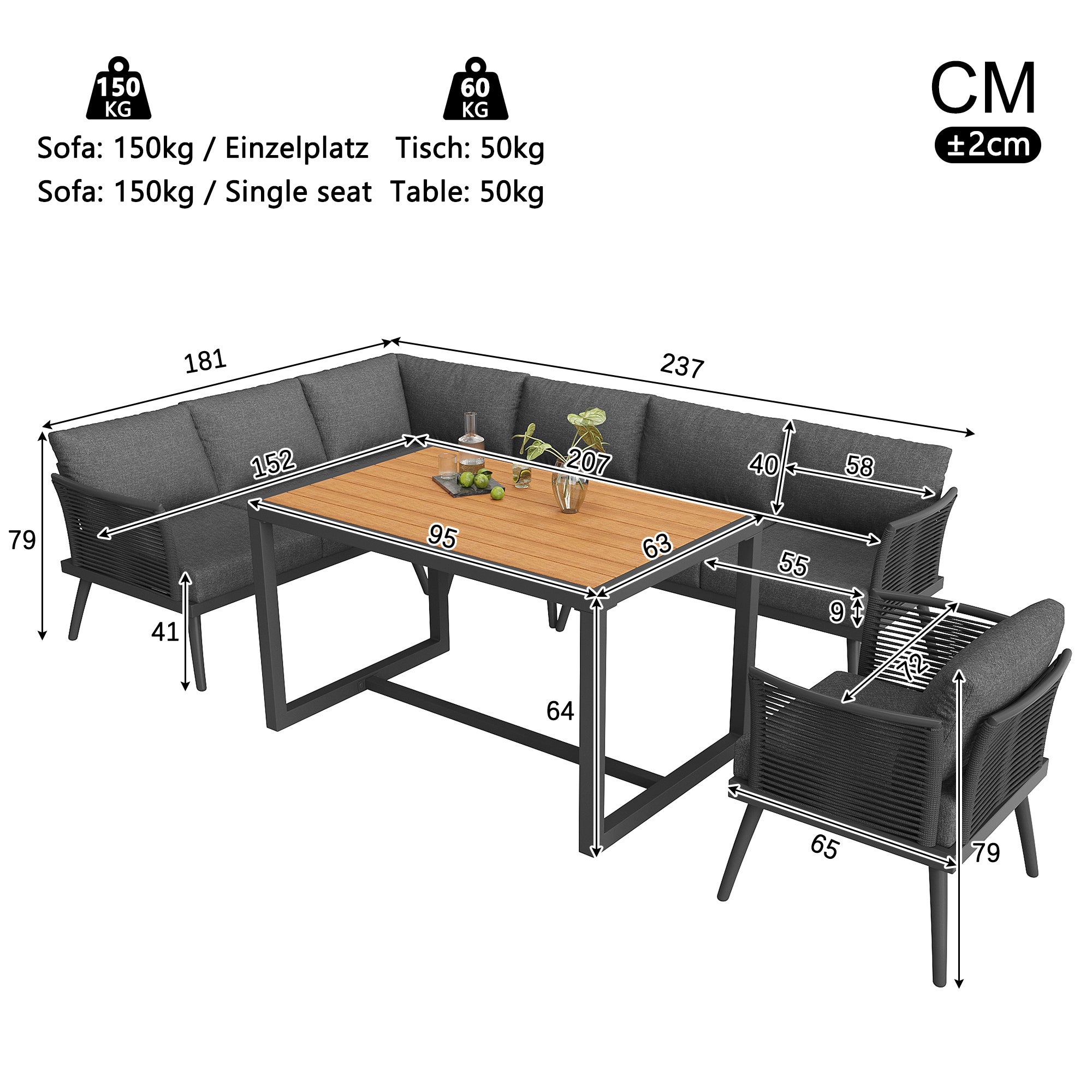 Ensemble de canapé de jardin 7 places,Canapé d'angle extérieur en forme de L avec coussin,main courante tressée,Ensemble de jardin imperméable,Gris - 4