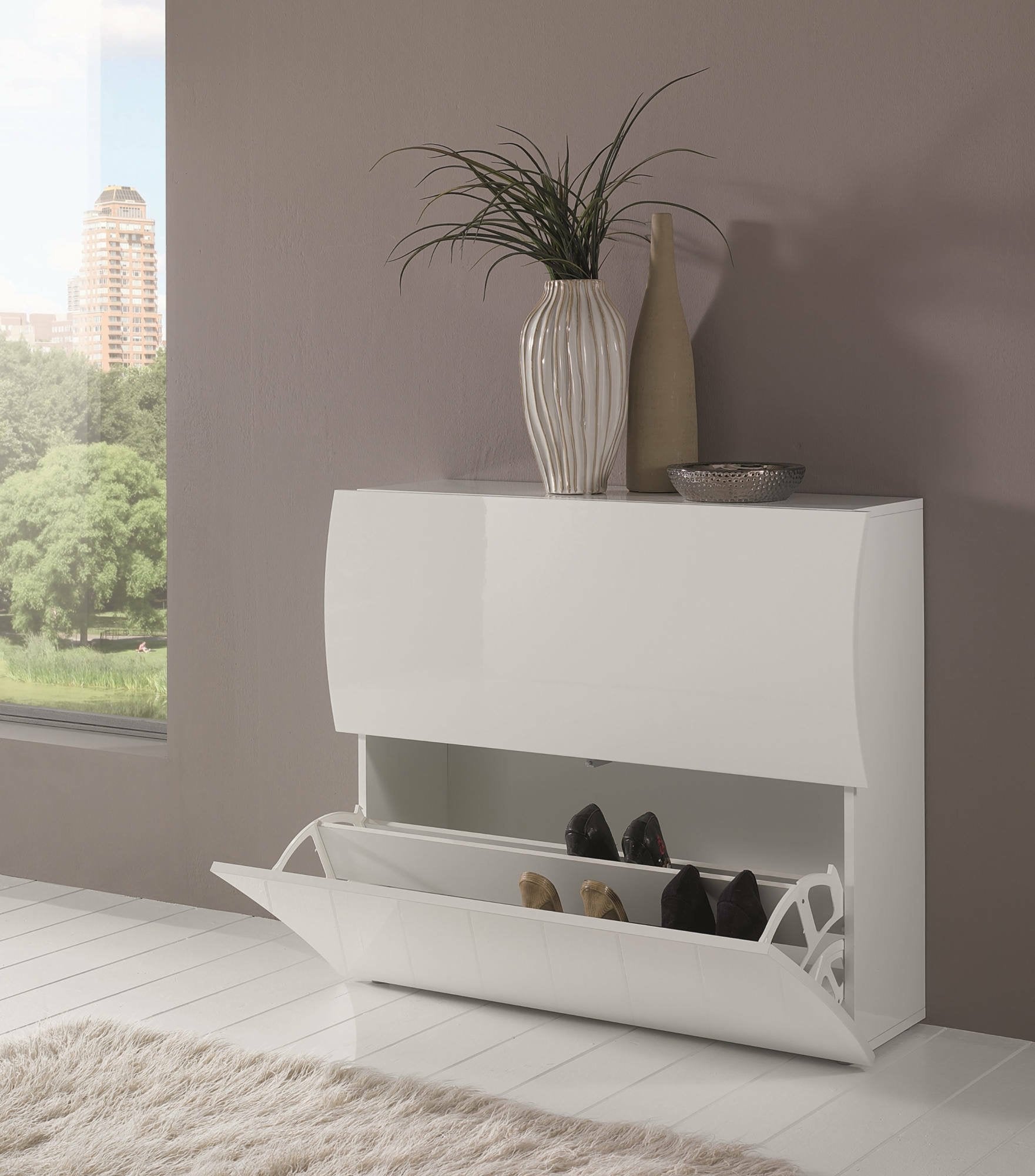 Étagère à chaussures moderne, Made in Italy, avec 2 portes battantes, Étagère à chaussures d'entrée, 101x27h82 cm, couleur blanc brillant - 6