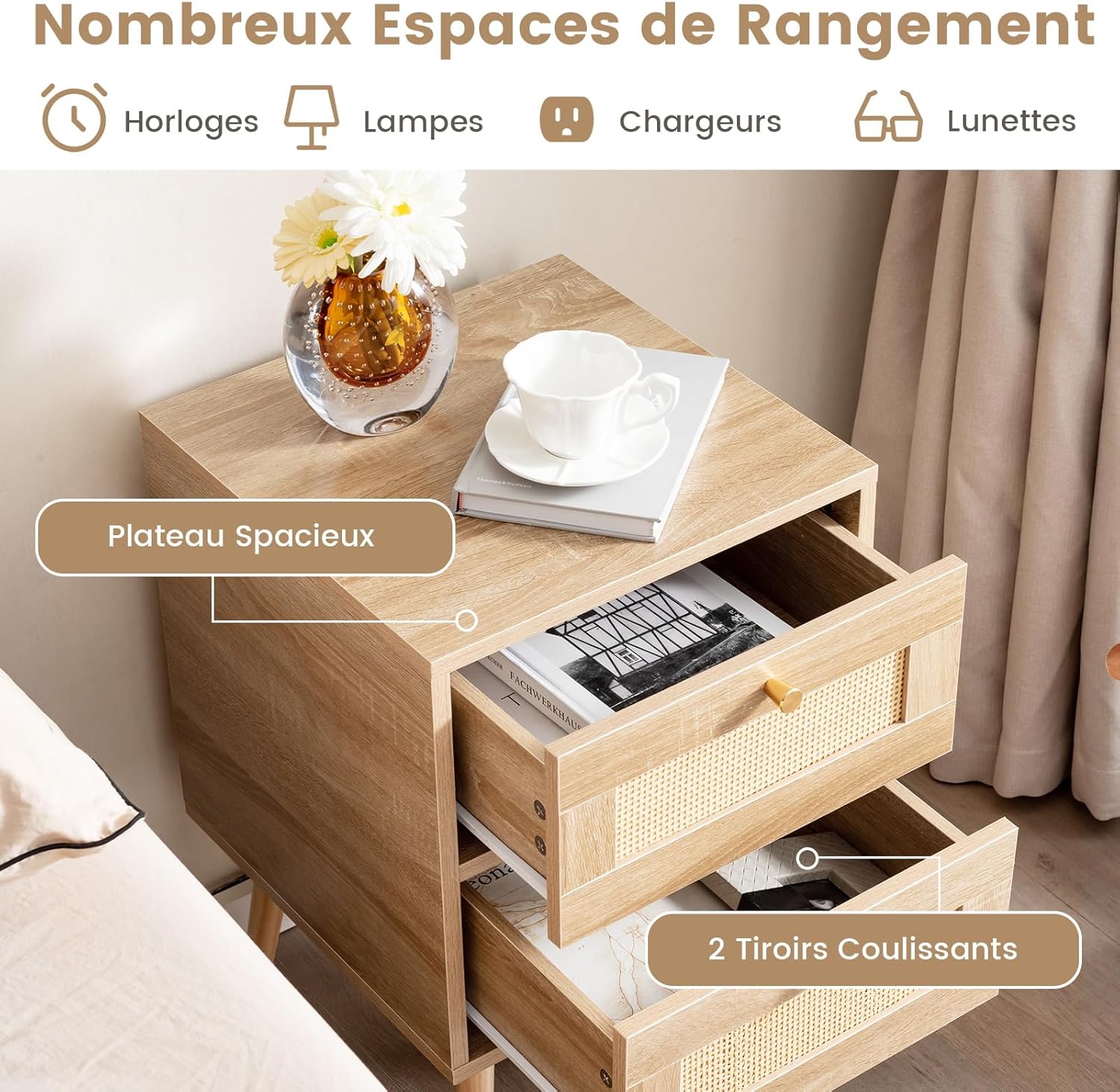 Table de Chevet en Rotin, Table de Nuit Bois avec 2 Tiroirs et 4 Pieds en Pin, Porte Cannage, Style Bohème, 40 x 40 x 59 cm (1) - 3