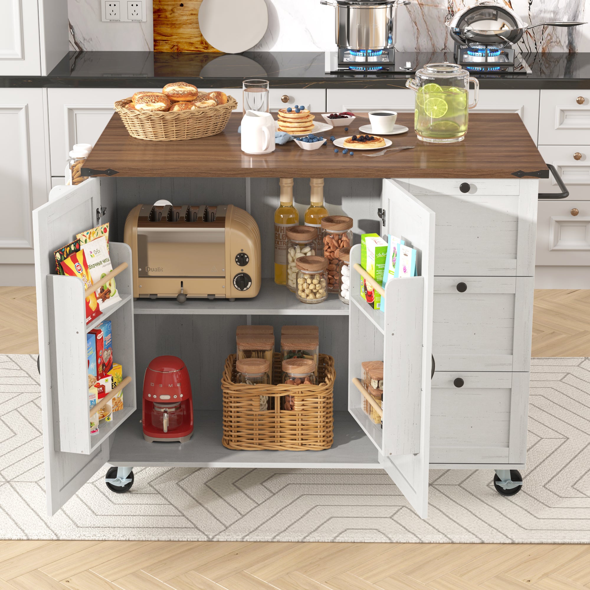 Îlot De Cuisine Roulant Pliant Hygrad - Table + 2 Tabourets - Blanc