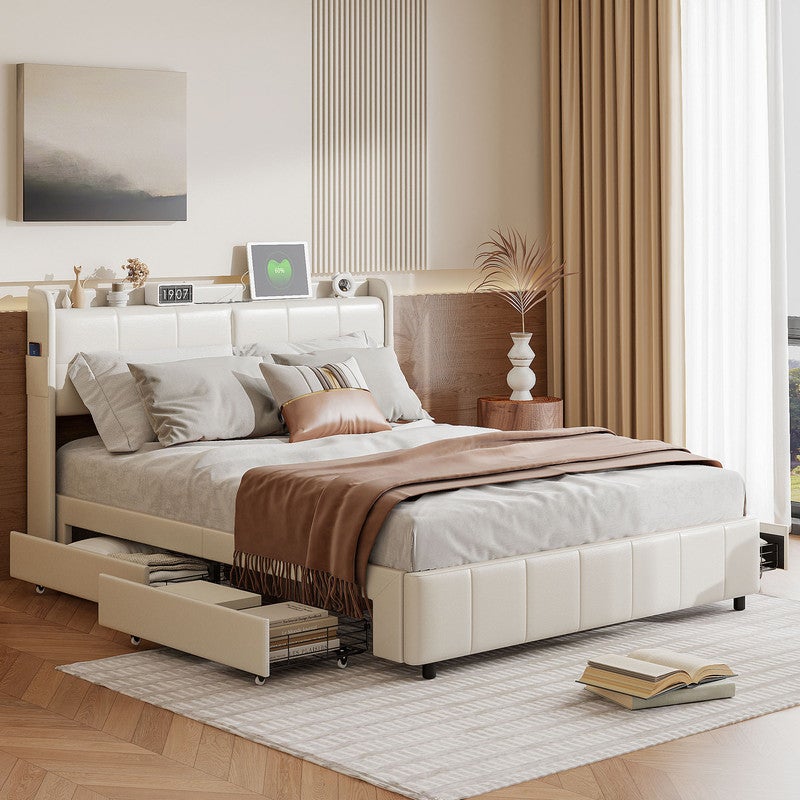 Lit rembourré 160 x 200 cm, Lit double avec USB et tête de lit, Cadre de lit avec sommier à lattes, sans matelas, beige - 2