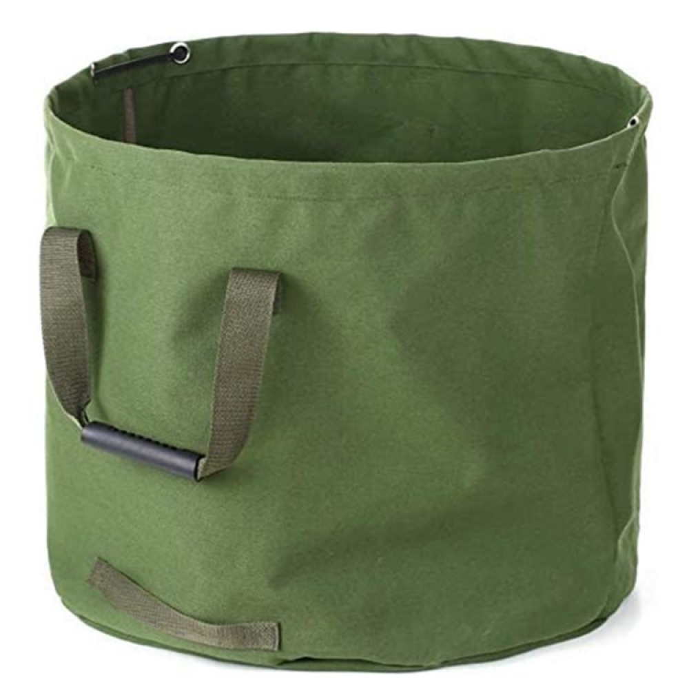 Wytrzymały worek ogrodowy z zielonego płótna (wys. 46 cm, gł. 55 cm) z uchwytami, w stylu militarnym, do zbierania liści
