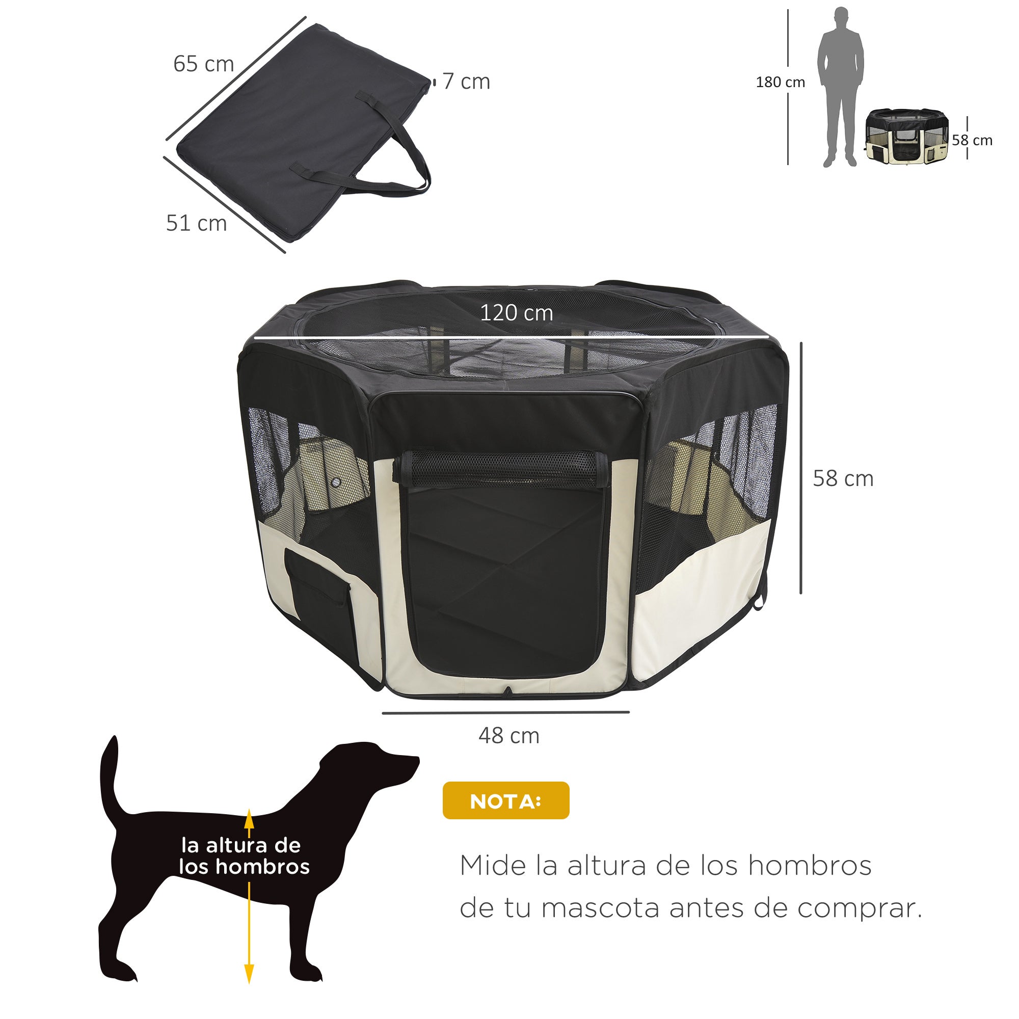 Parque para Cães PawHut Preto e Creme Fio de Aço, Tecido Oxford 600D com Revestimento Impermeável em PVC Ø120x58cm - 3