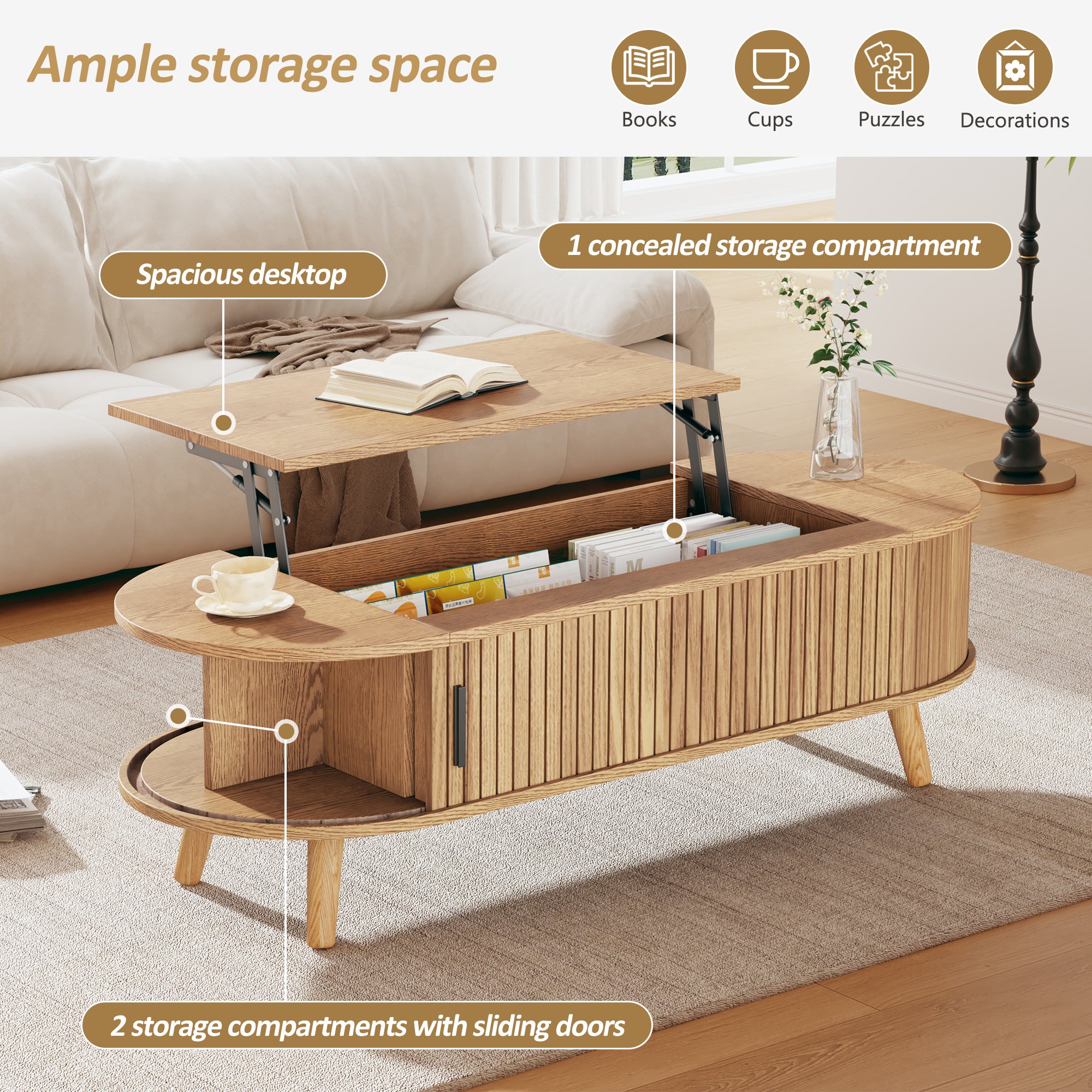 Stolik kawowy z podnoszonym blatem i 4 otwartymi półkami - 120 x 50 x 39,5 cm - MDF - do salonu - Naturalny - 7