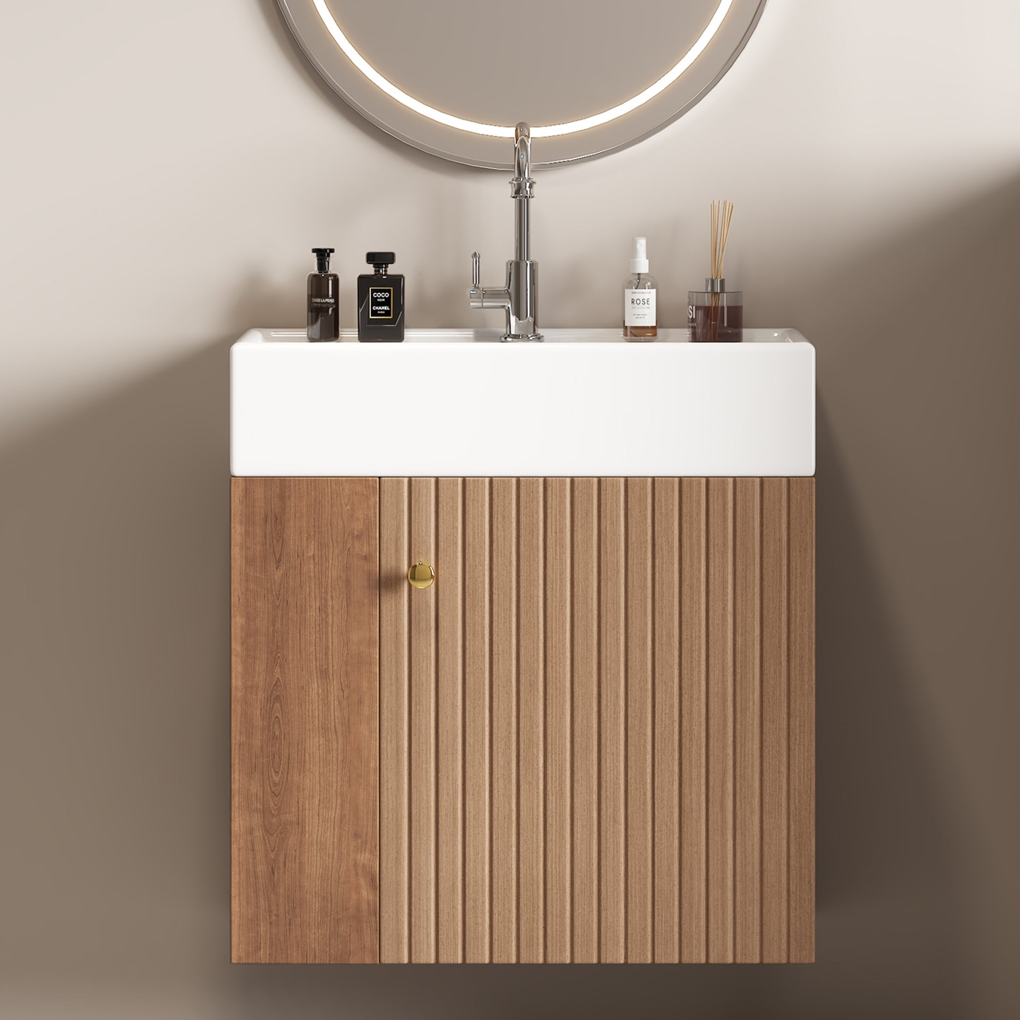 Meuble de salle de bain suspendu avec vasque carreé - 4 compartimrnts - Marron(robinet non inclus) - 9