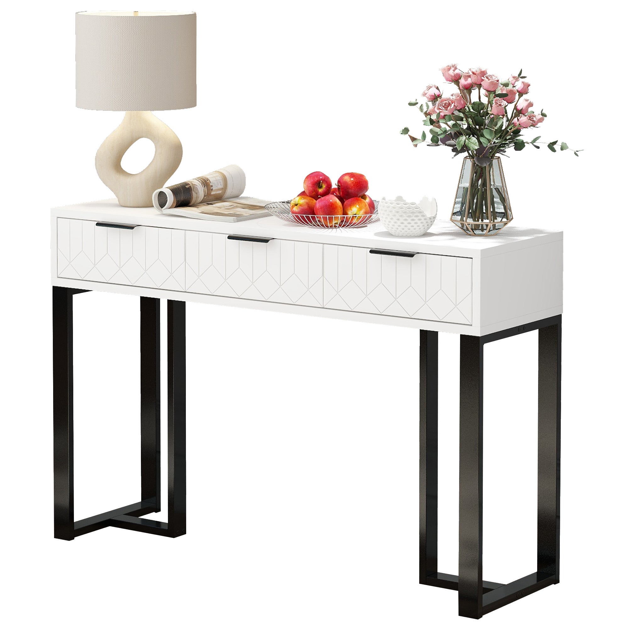 Table console moderne avec 3 tiroirs - 120 x 36 x 80 cm - MDF - pour salon, couloir - blanc + noir - 4