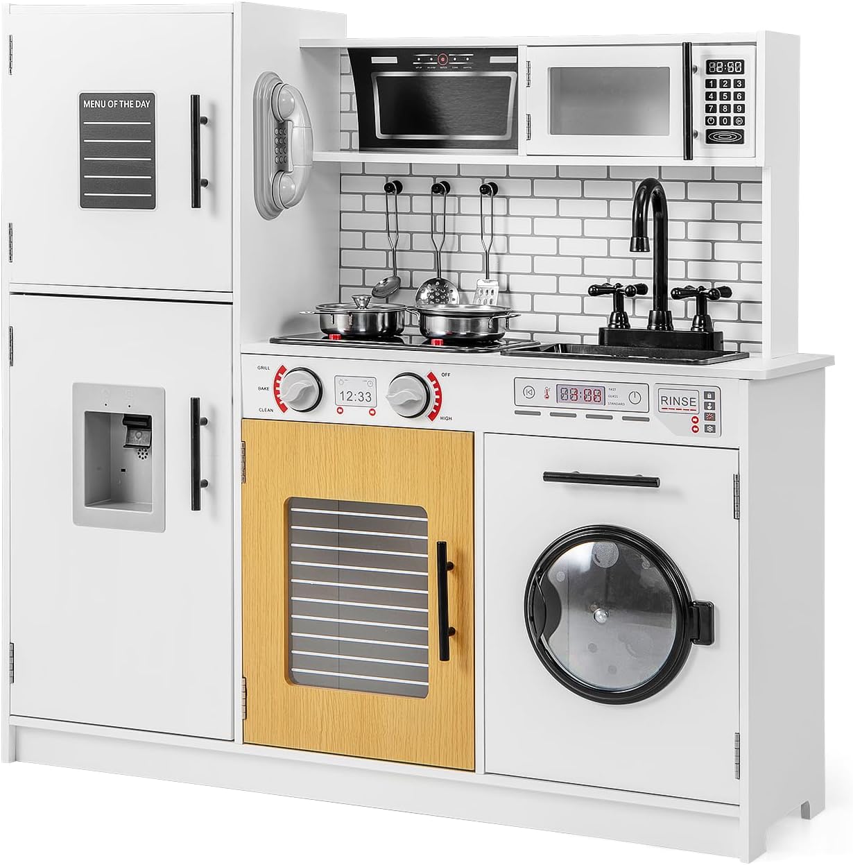 COSTWAY Cuisine D’Angle Enfants En Bois Avec Réfrigérateur, Cuisinière Et Machine à Laver - Jeu D’Imitation Complet