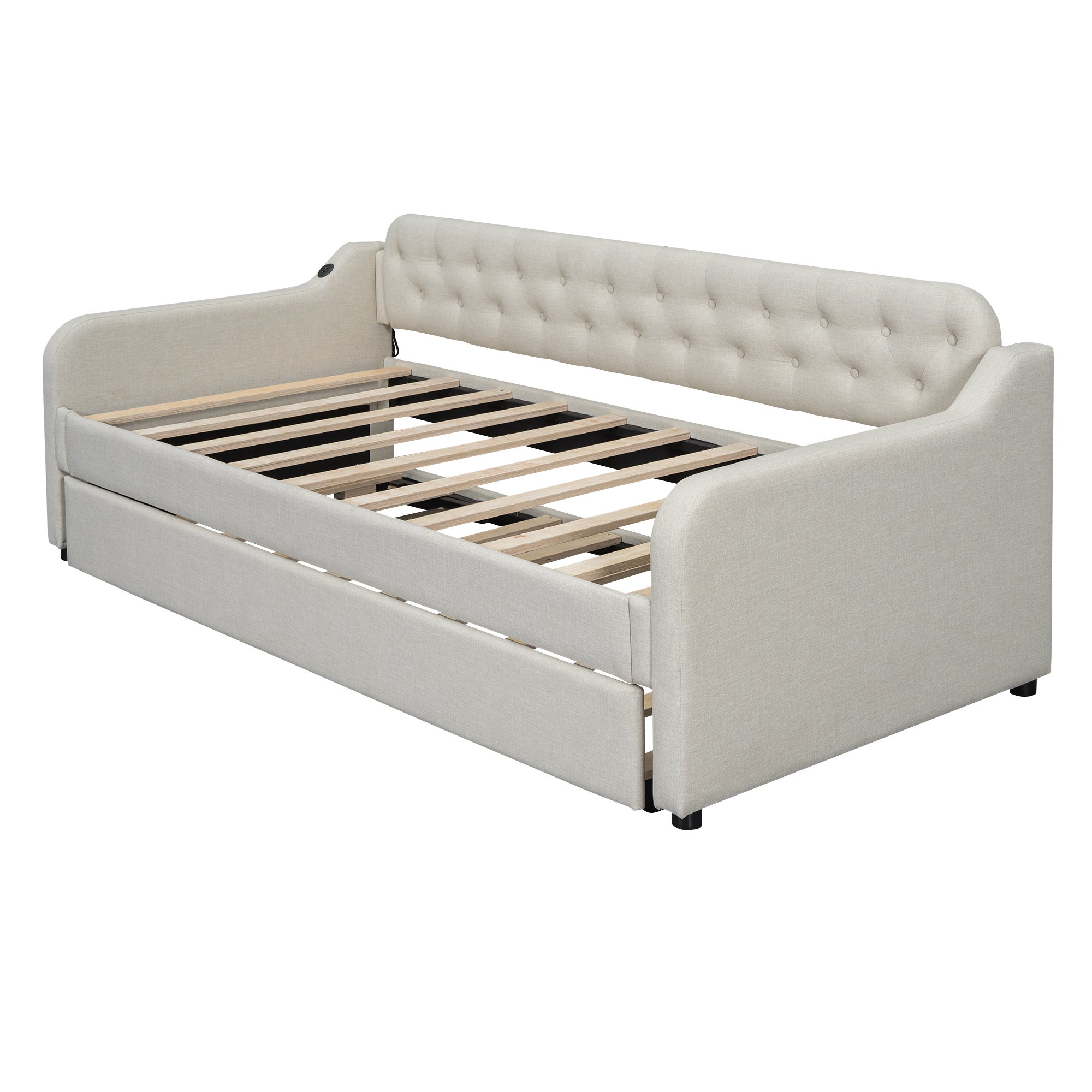 Lit gigogne 90x200cm - avec Port USB - tissu en Lin - Beige - 6
