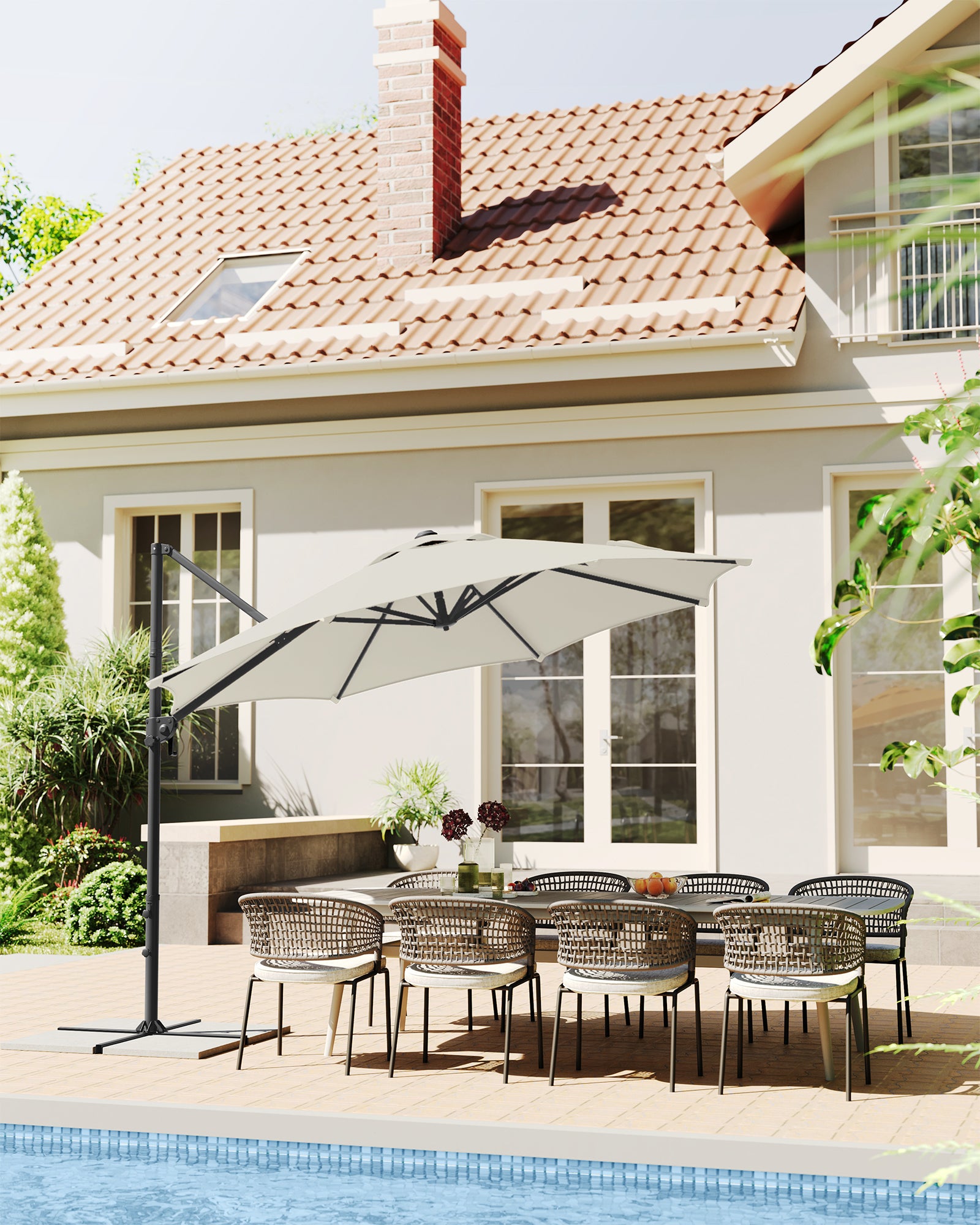 Parasol de Jardin 300 cm, UPF 50+, Parasol de Terrasse, Pivotant à 360°, Inclinaison Fluide, Manivelle, avec Base en Croix, Blanc Crème - 2
