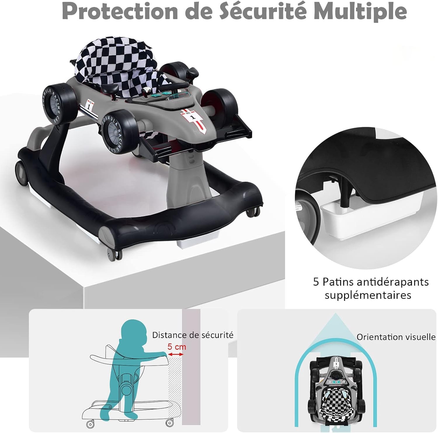 Andadores para Bebé, Andadores para Bebé 4 em 1 com 3 Alturas Ajustáveis, com Música e Luz, Carga 12 kg, para 6 a 18 Meses (Cinza) - 4