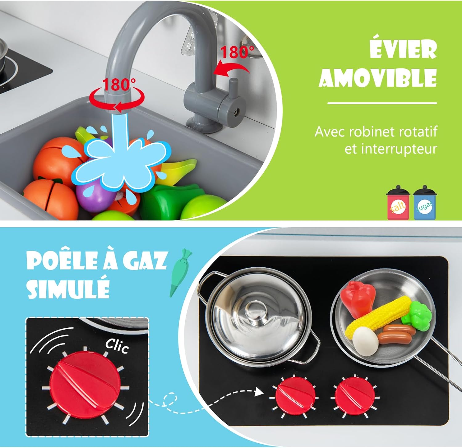 Cuisine Enfants en Bois avec 18 Accessoires, Jeu d'Imitation pour Enfants de 3-6 Ans,72 x 30 x 90 cm - 2