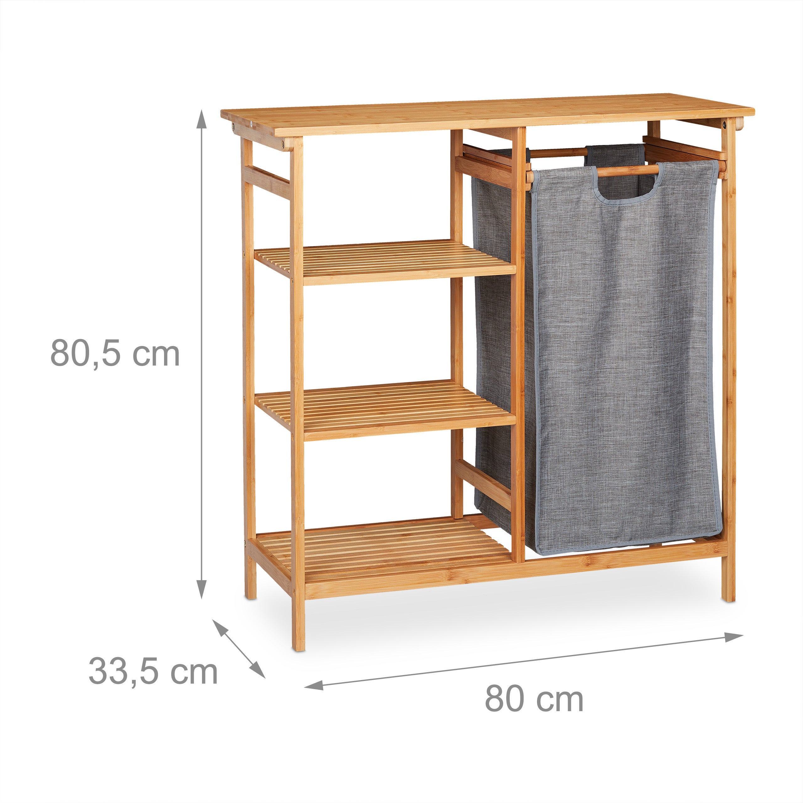 Etagère de salle de bain avec corbeille, bambou, 4 étages, panier amovible, 80,5 x 80 x 33,5 cm, nature/gris, Relaxdays - 4