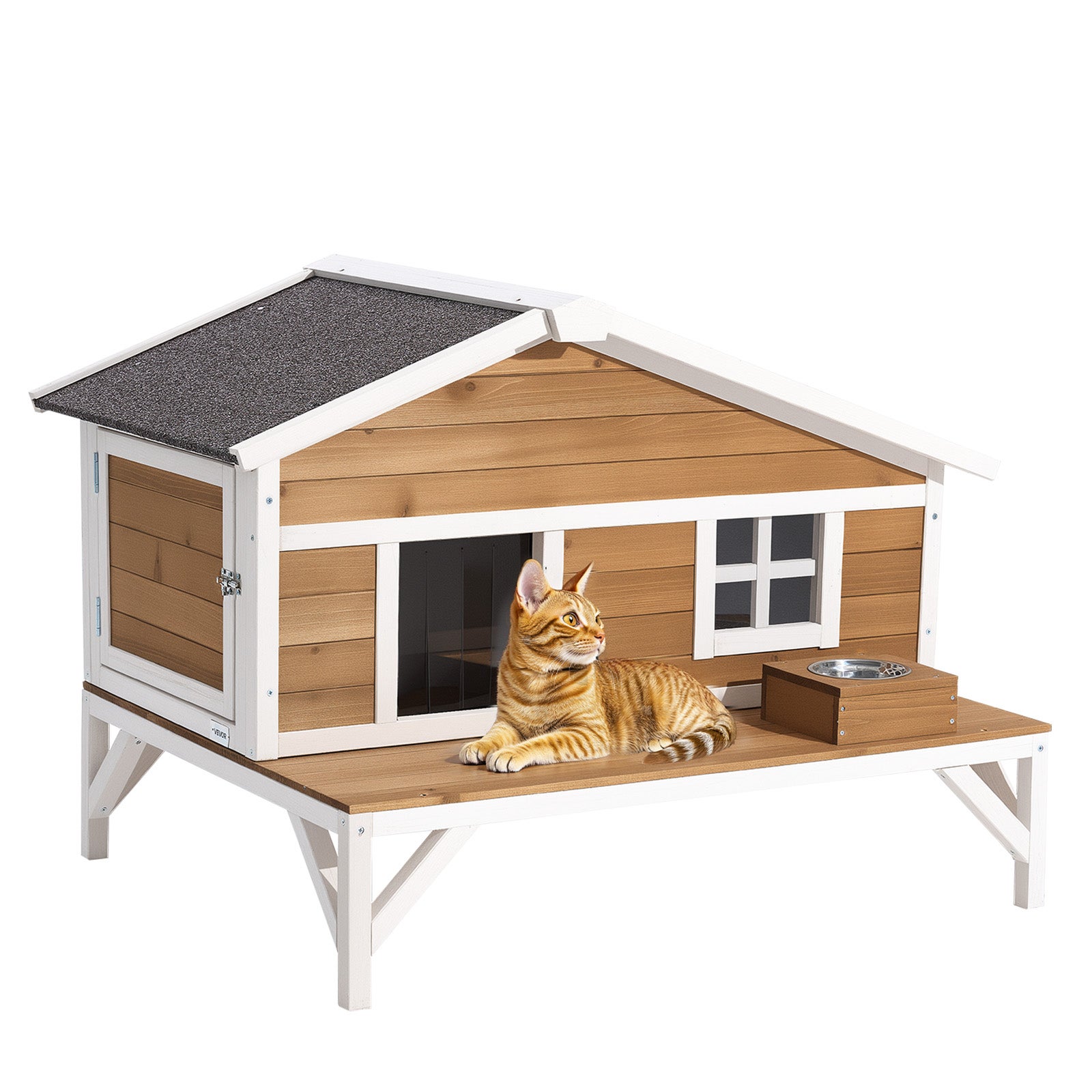 Ocieplany Drewniany Domek dla Kota 110 cm, Izolowany, Dach Asfaltowy, Platforma, do Ogrodu i Domu