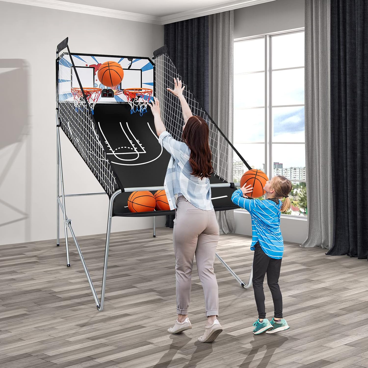 Jogo de basquetebol dobrável, 2 aros e 4 bolas, 8 modos de jogo, sensor elétrico, placar LED, 4 botões de funcionamento, 207 x 108 x 205 cm - 9