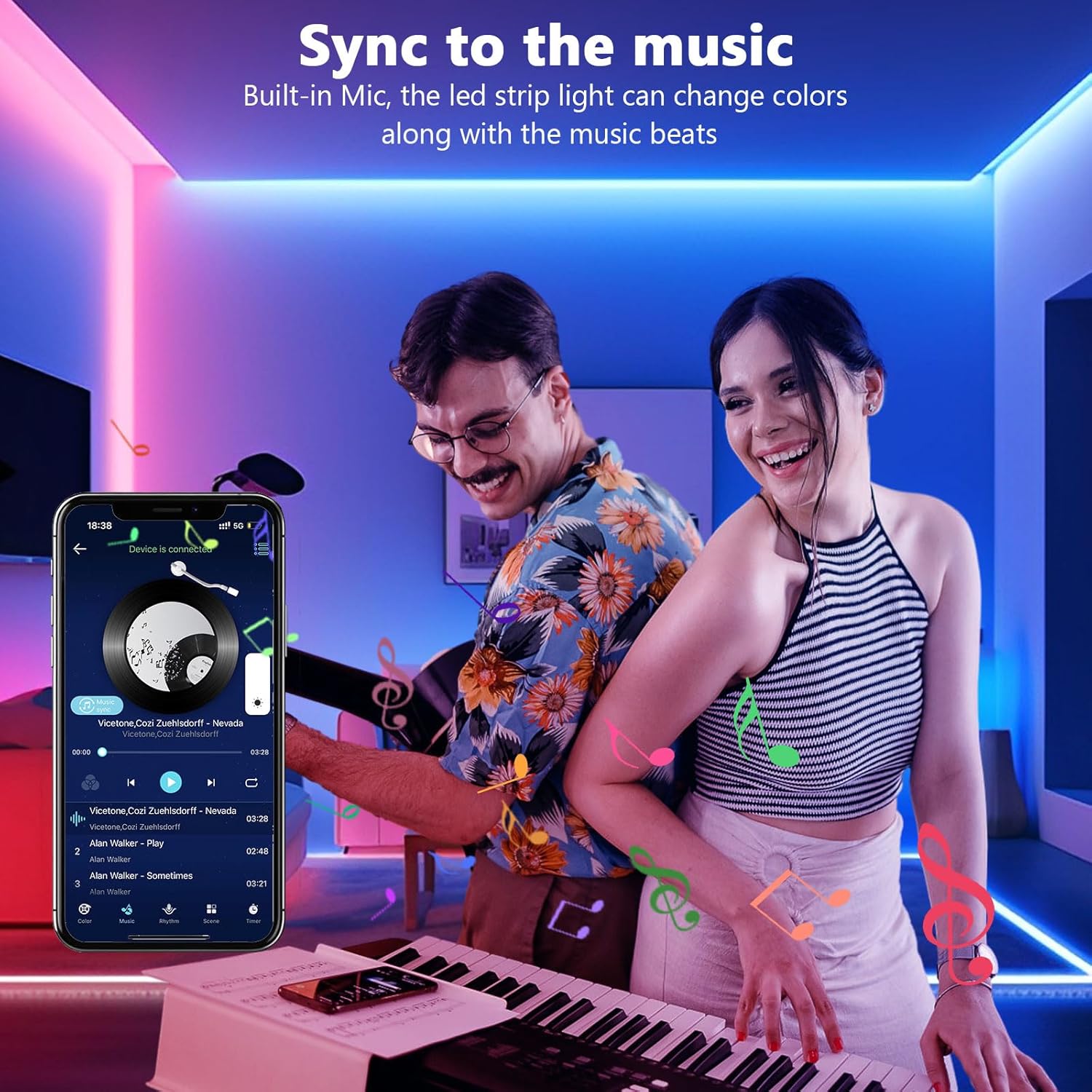 Ruban Led 10m,Bande Led Lumineuse Contrôlé par Bluetooth ou Télécommande 24 Touches, Synchroniser avec Rythme de Musique, RGB Bandeau Led - 5
