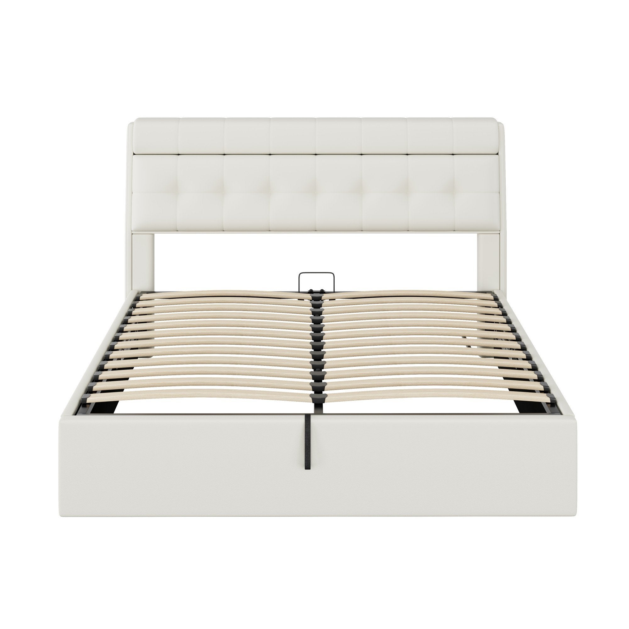 Cama tapizada hidráulica 160*200, almacenamiento oculto en el cabecero, almacenamiento bajo la cama, PU, con somier de láminas y cabecero, blanco - 5