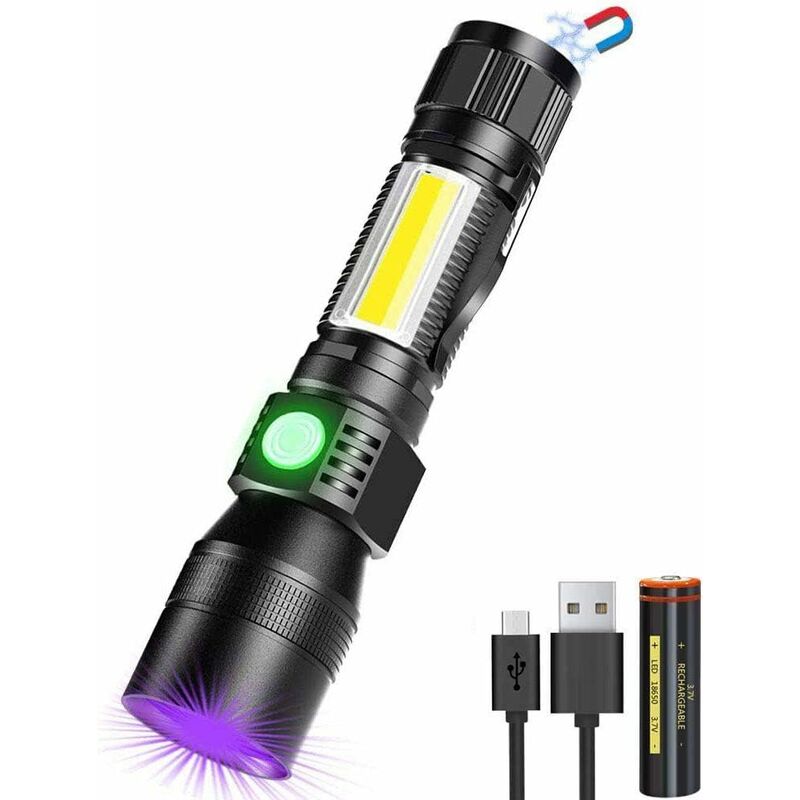 Lanternă UV 3 în 1 - Lanternă LED reîncărcabilă USB - Cu zoom și magnetică - Lampă de lucru COB impermeabilă - 7 moduri - Detector de urină